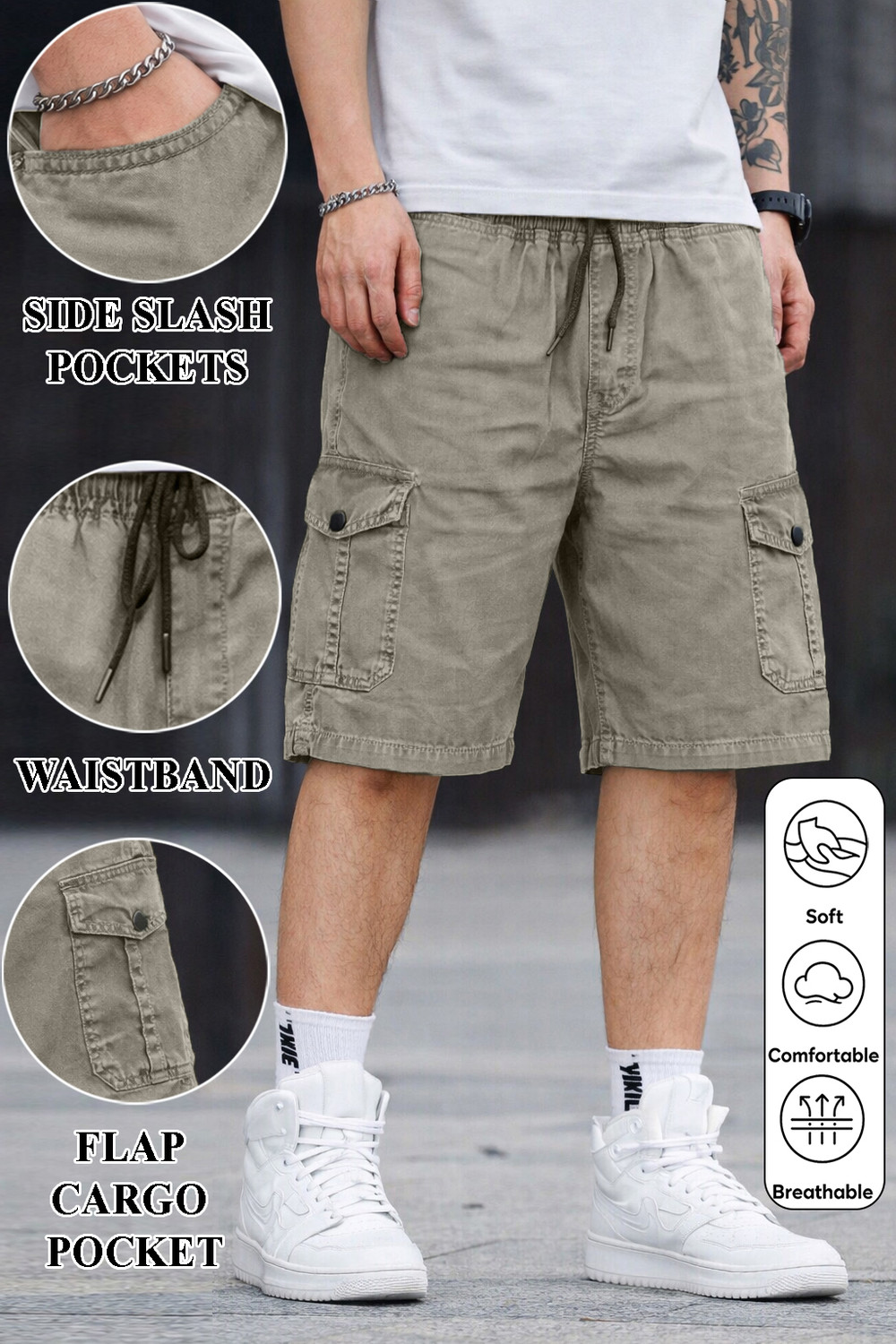Image of Plus91 Solid Men Denim Brown Cargo Shorts