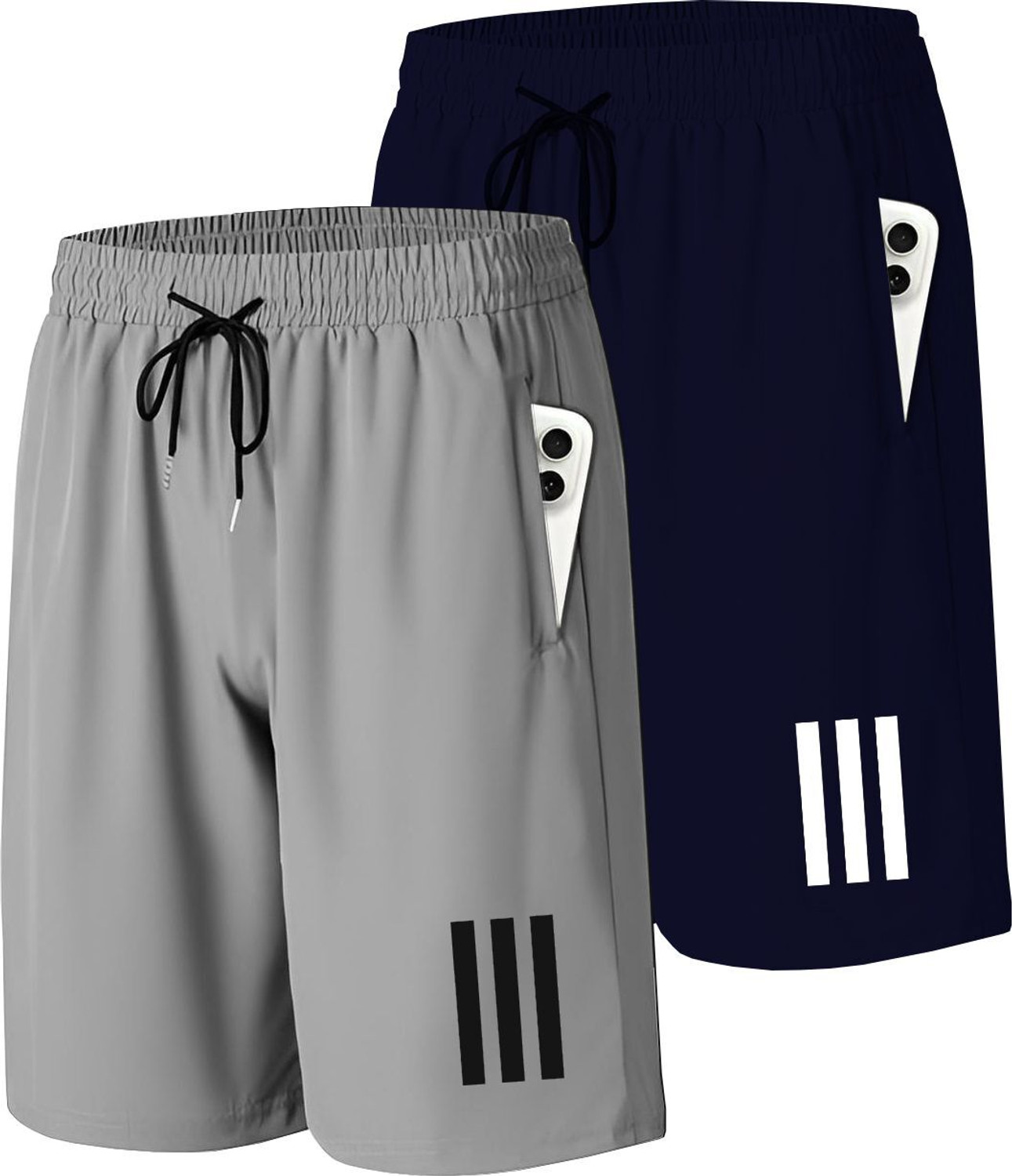 Image of AVOLT Solid, Striped Men Dark Blue, Beige Sports Shorts