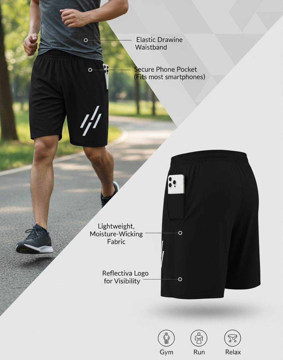Image of DENLIKE' Solid Men Black Gym Shorts, Sports Shorts, Running Shorts, Basic Shorts