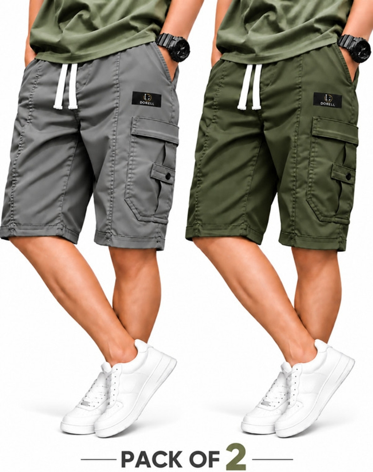 Image of dorell Pack of 2 Solid Men Grey, Light Green Cargo Shorts