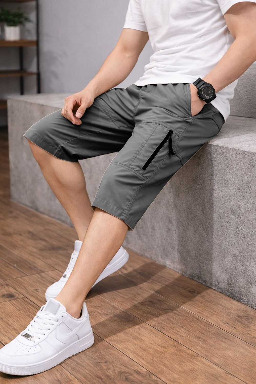 Image of METRONAUT Cargo Zipper Short Solid Men Grey Cargo Shorts
