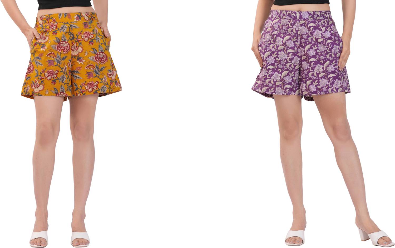 Aanvikurti Printed Women Purple, Yellow Regular Shorts