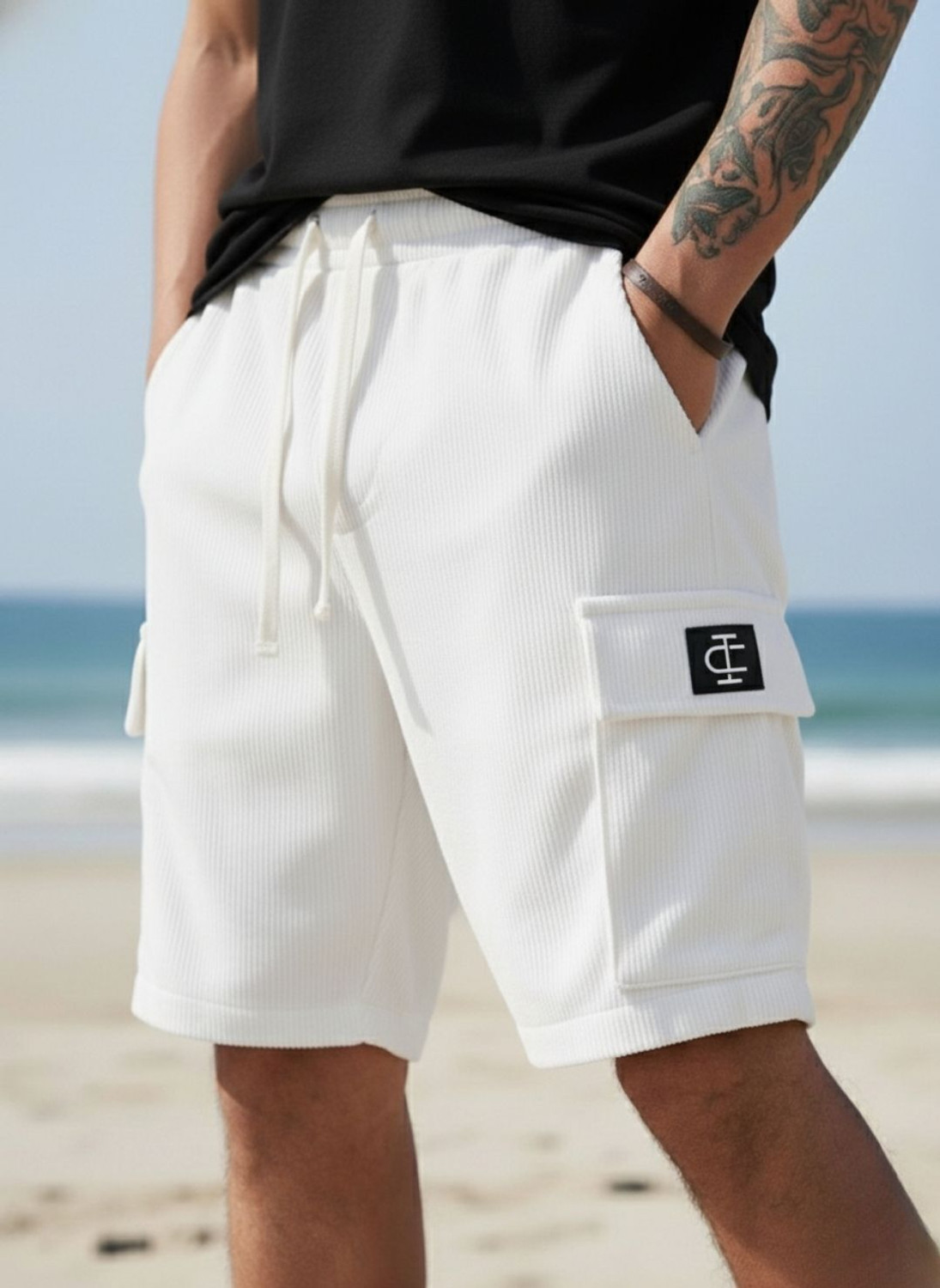 Image of INDICLUB Self Design Men White Cargo Shorts