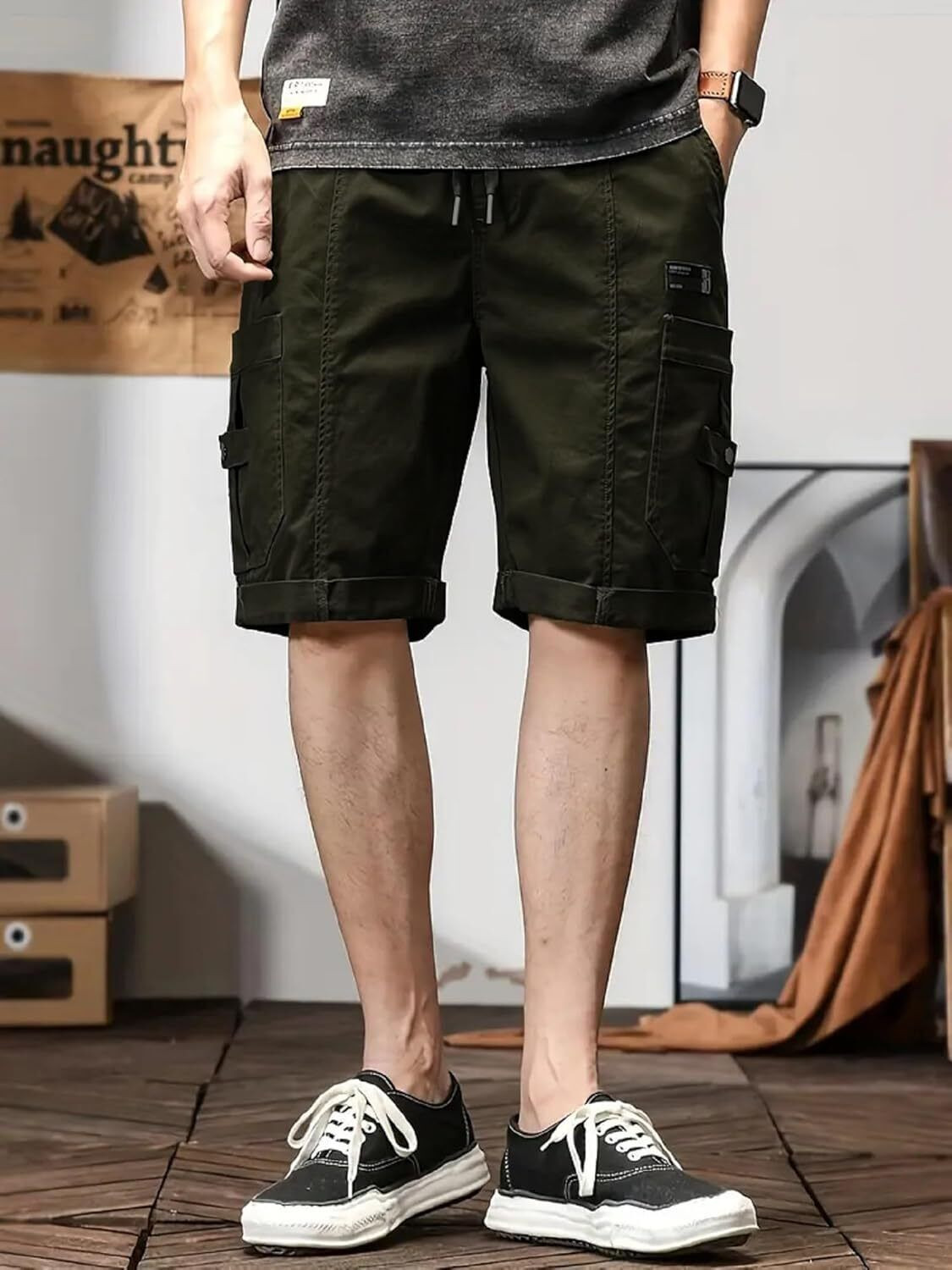 Image of ZARTHA Solid Men Dark Green Cargo Shorts
