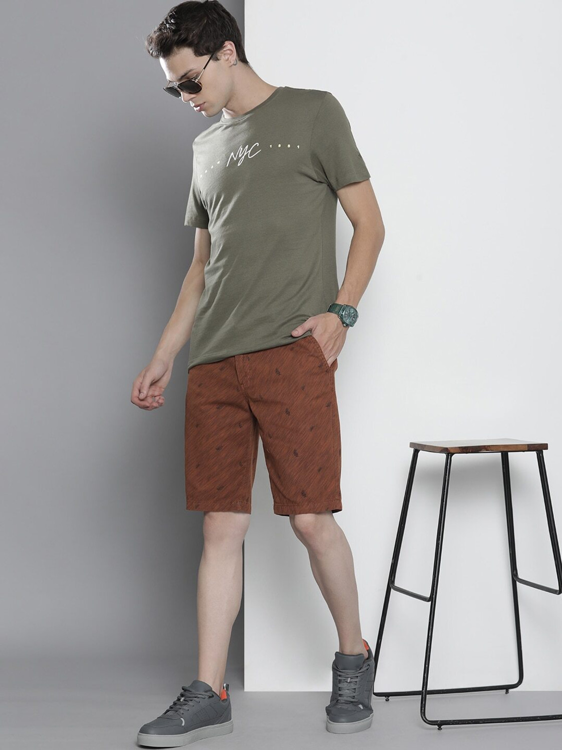 Image of The Indian Garage Co. Printed Men Brown Chino Shorts