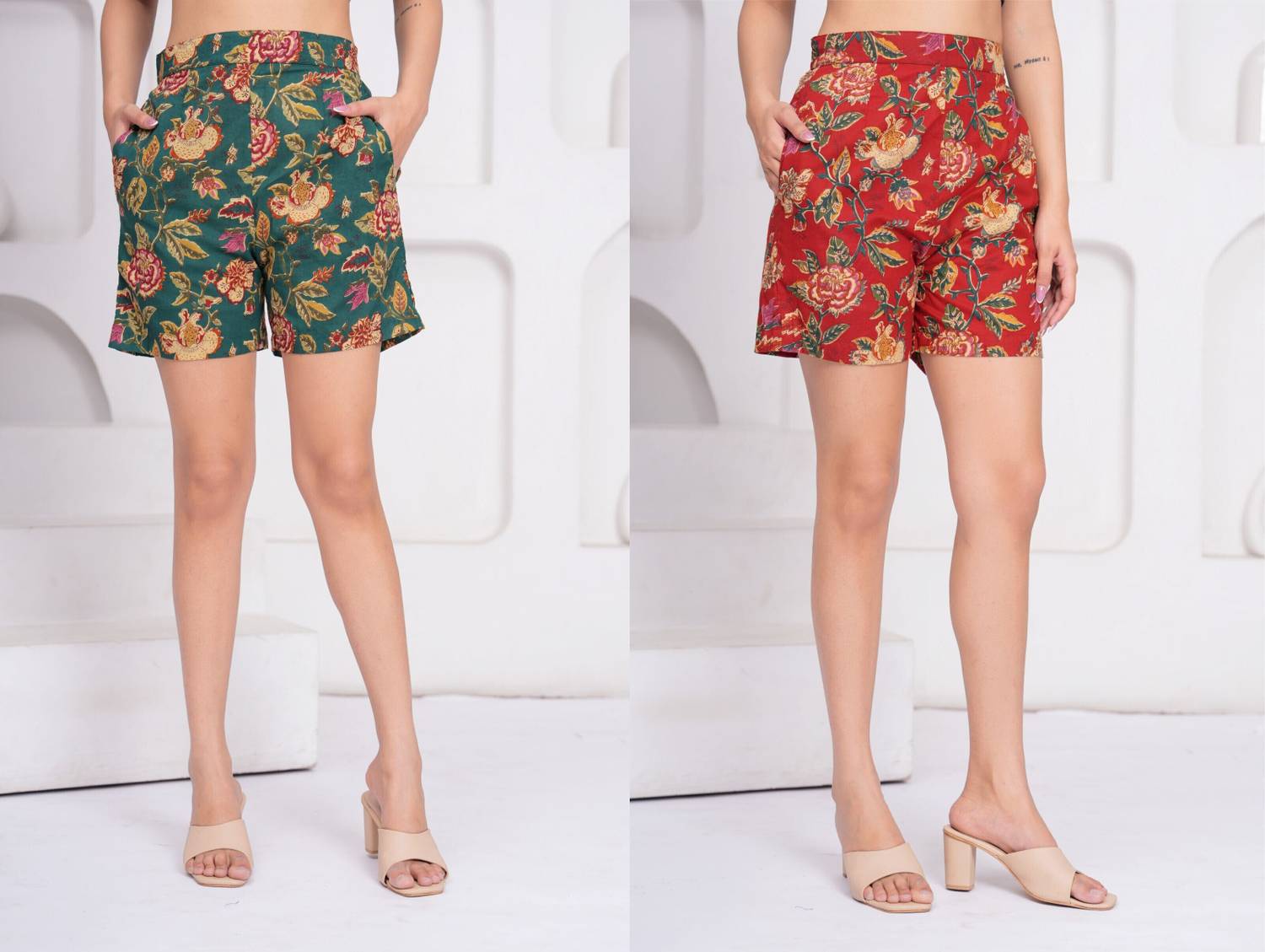 Aanvikurti Printed Women Red, Green Regular Shorts