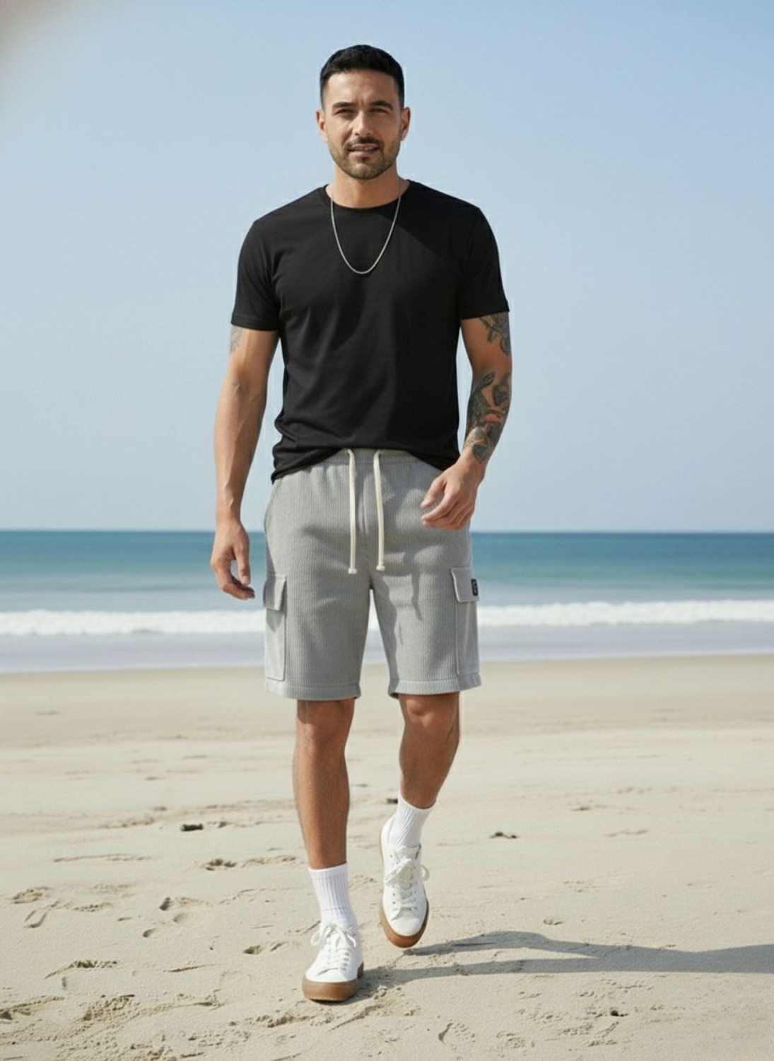 Image of INDICLUB Self Design Men Silver Cargo Shorts