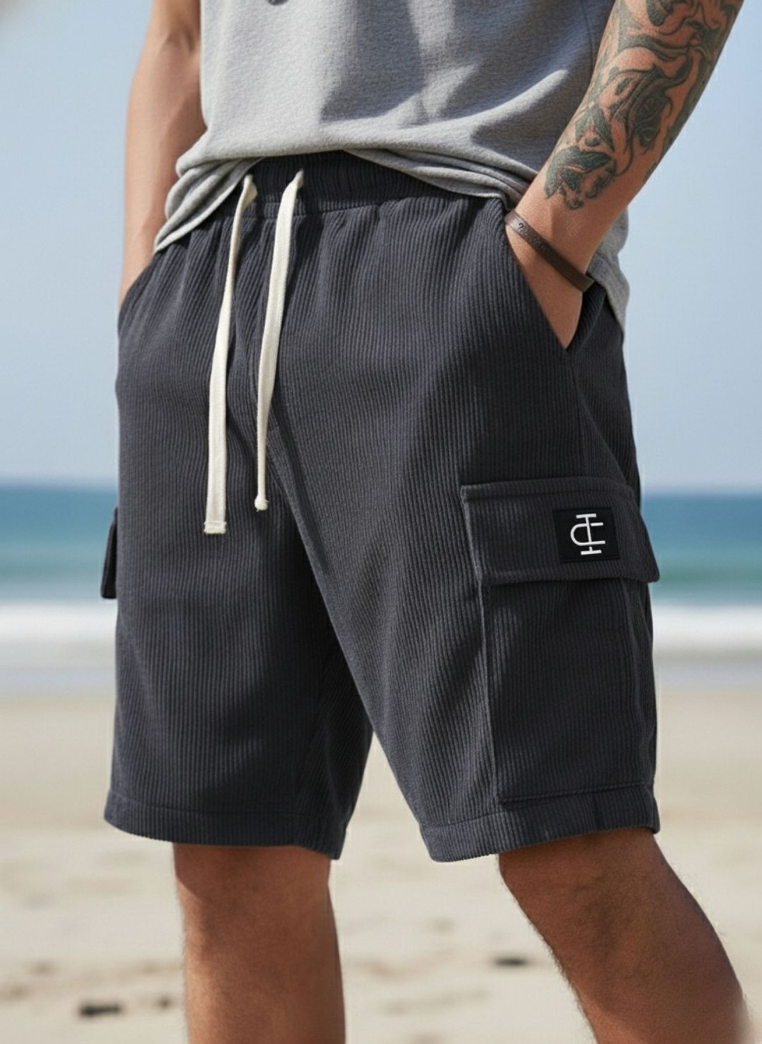Image of INDICLUB Self Design Men Dark Grey Cargo Shorts