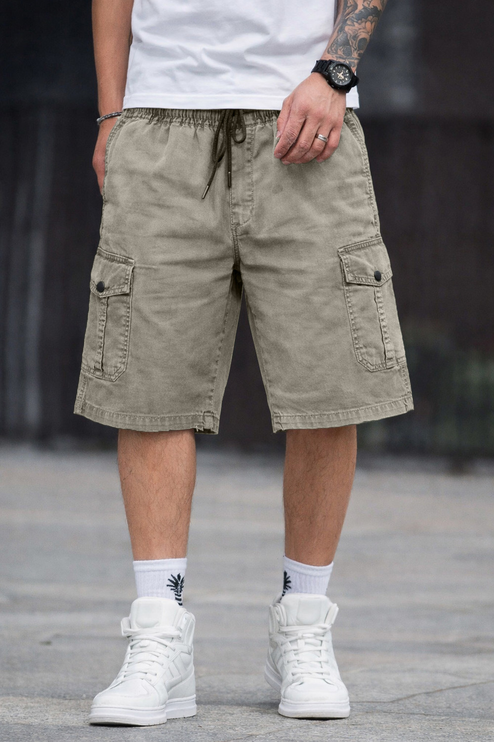 Image of Plus91 Solid Men Denim Brown Cargo Shorts