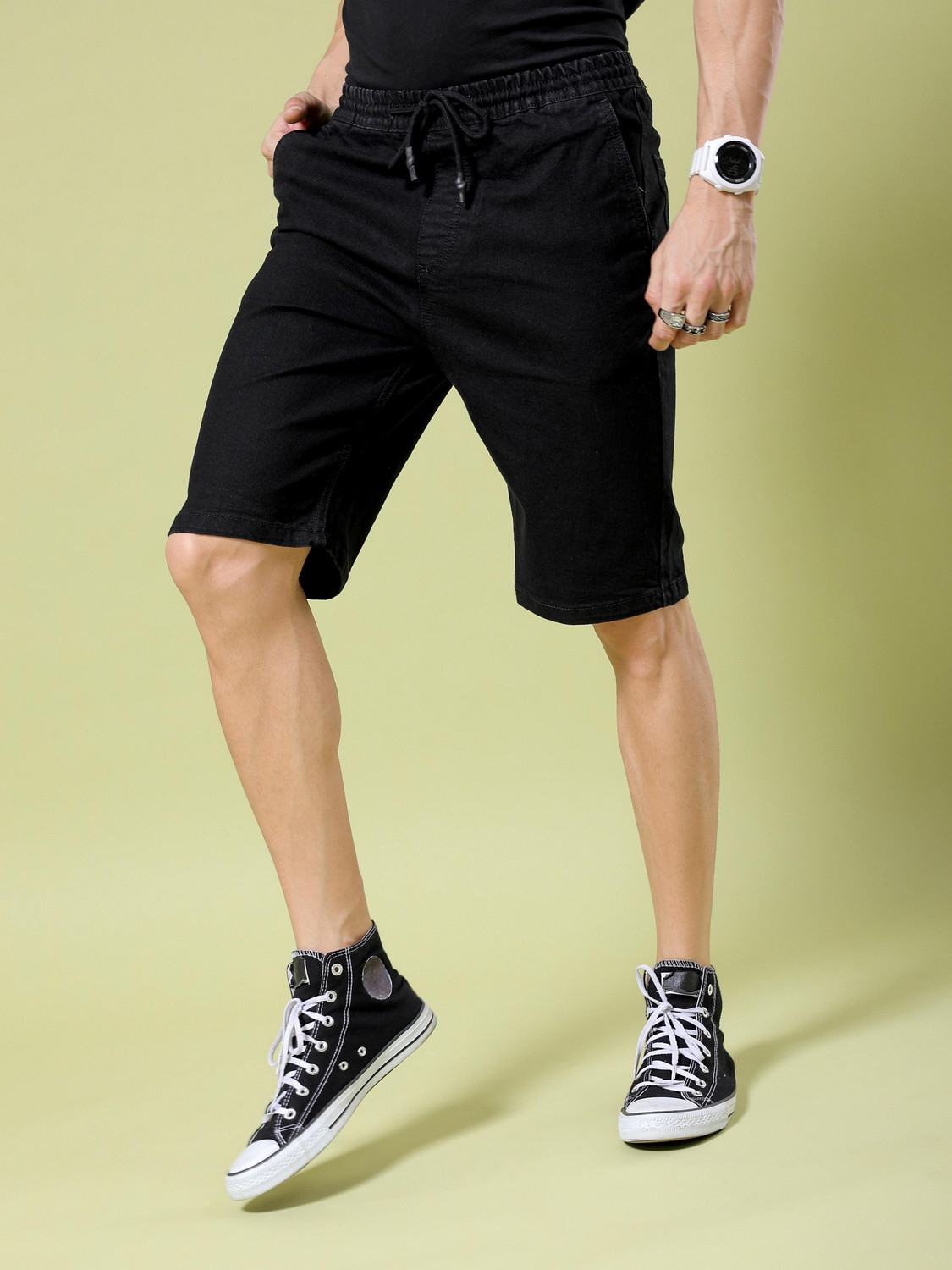 Image of The Indian Garage Co. Solid Men Black Denim Shorts