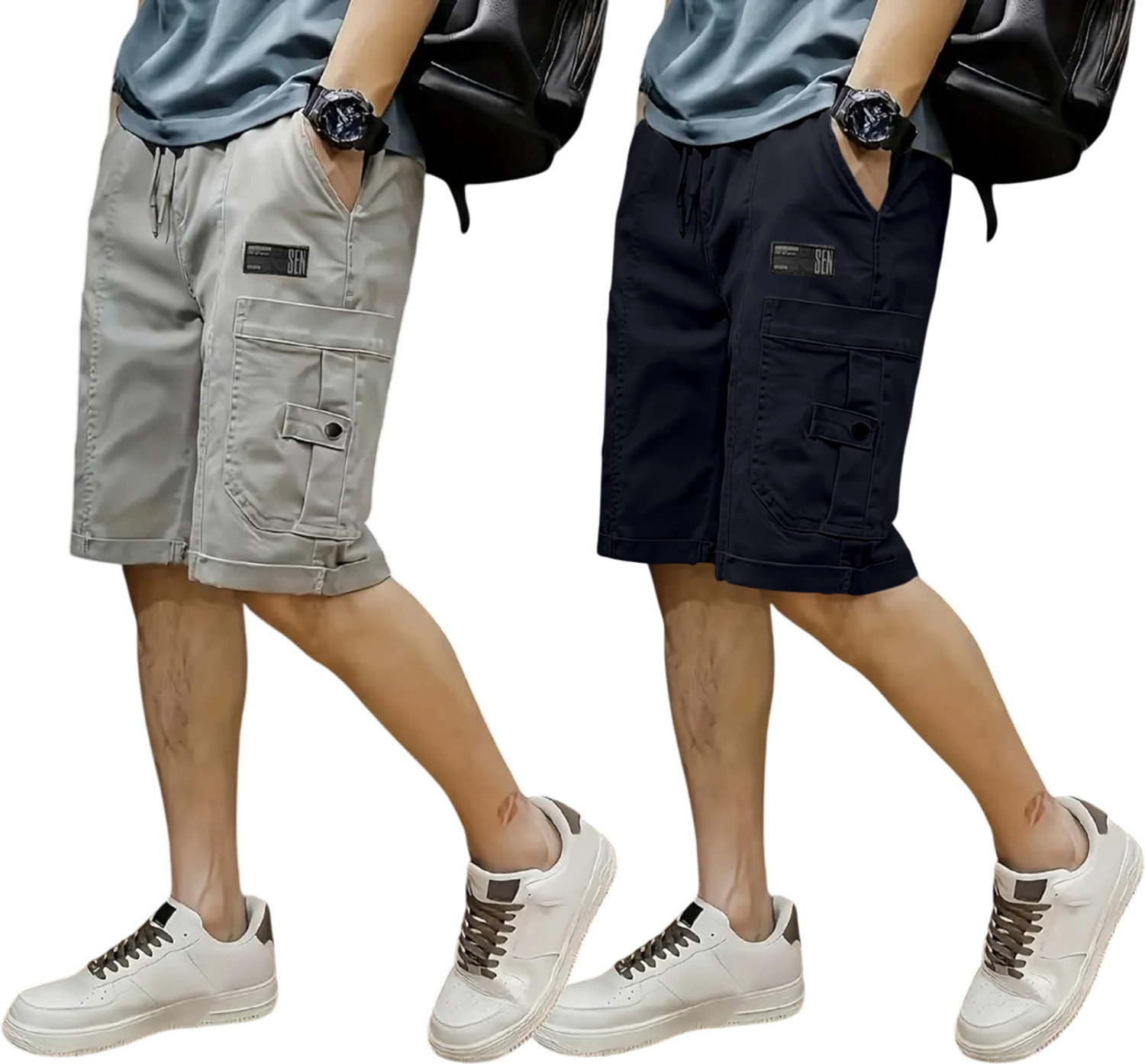 Image of ZARTHA Solid Men Grey, Dark Blue Cargo Shorts