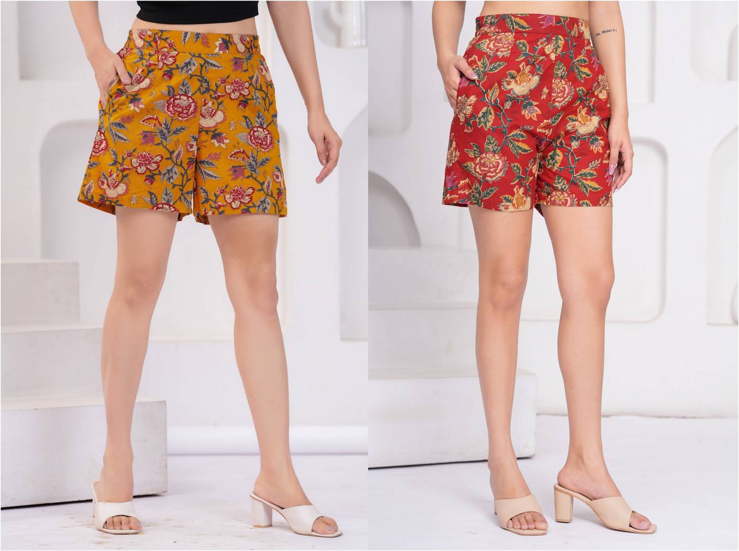 Aanvikurti Printed Women Red, Yellow Regular Shorts