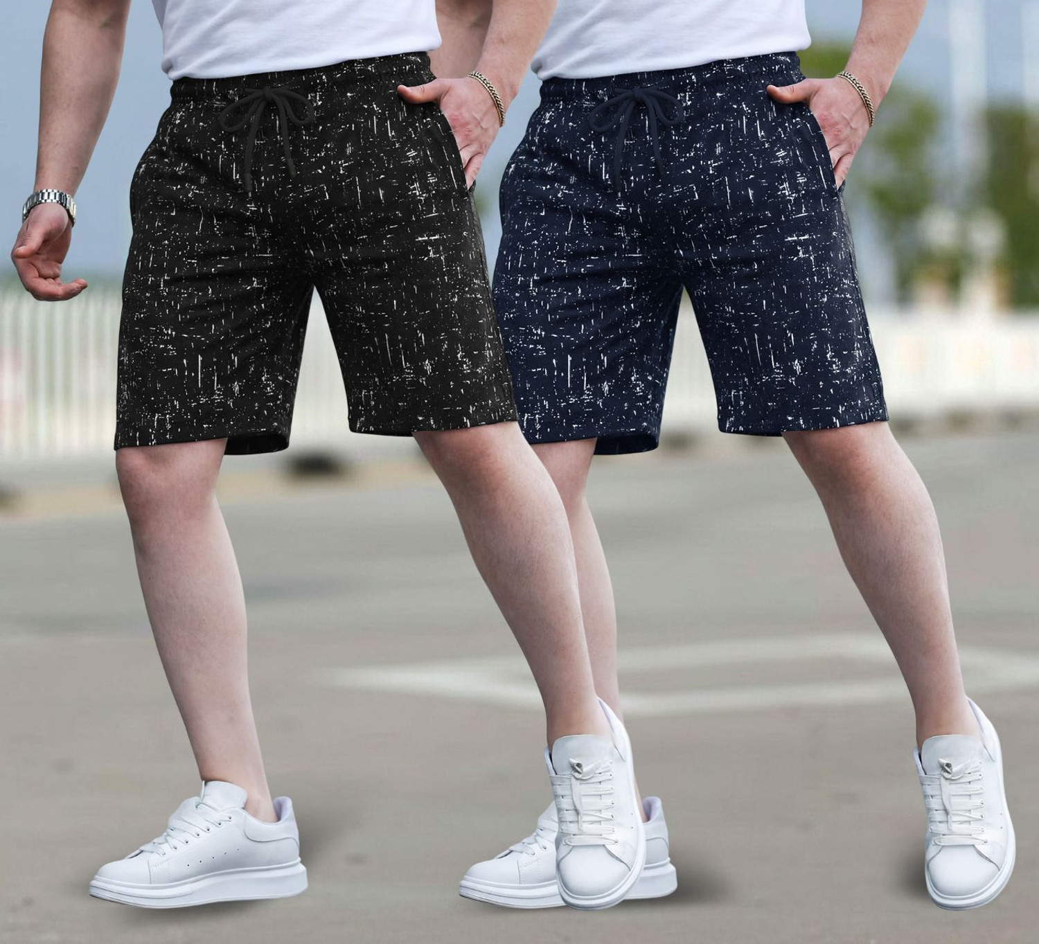 Image of FEEL TRACK Printed Men Black, Dark Blue Regular Shorts