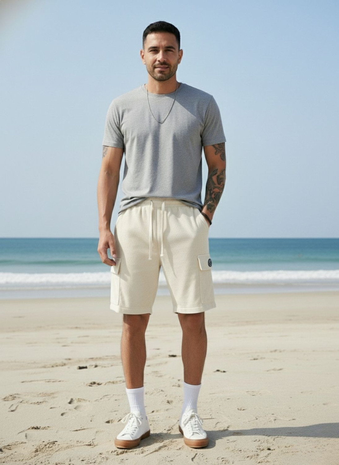 Image of INDICLUB Self Design Men Beige Cargo Shorts
