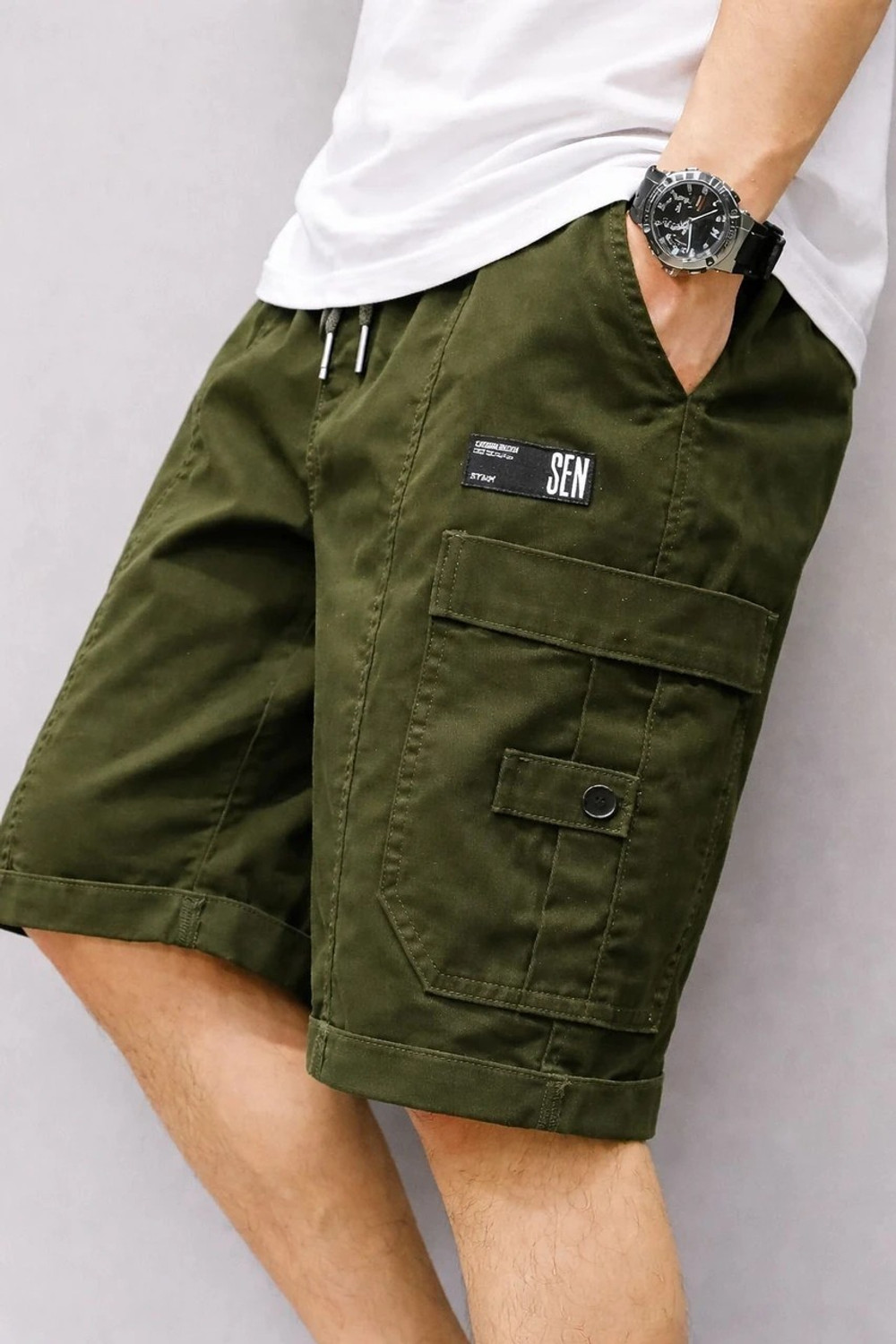 Image of UWALD CREATION Solid Men Green Cargo Shorts