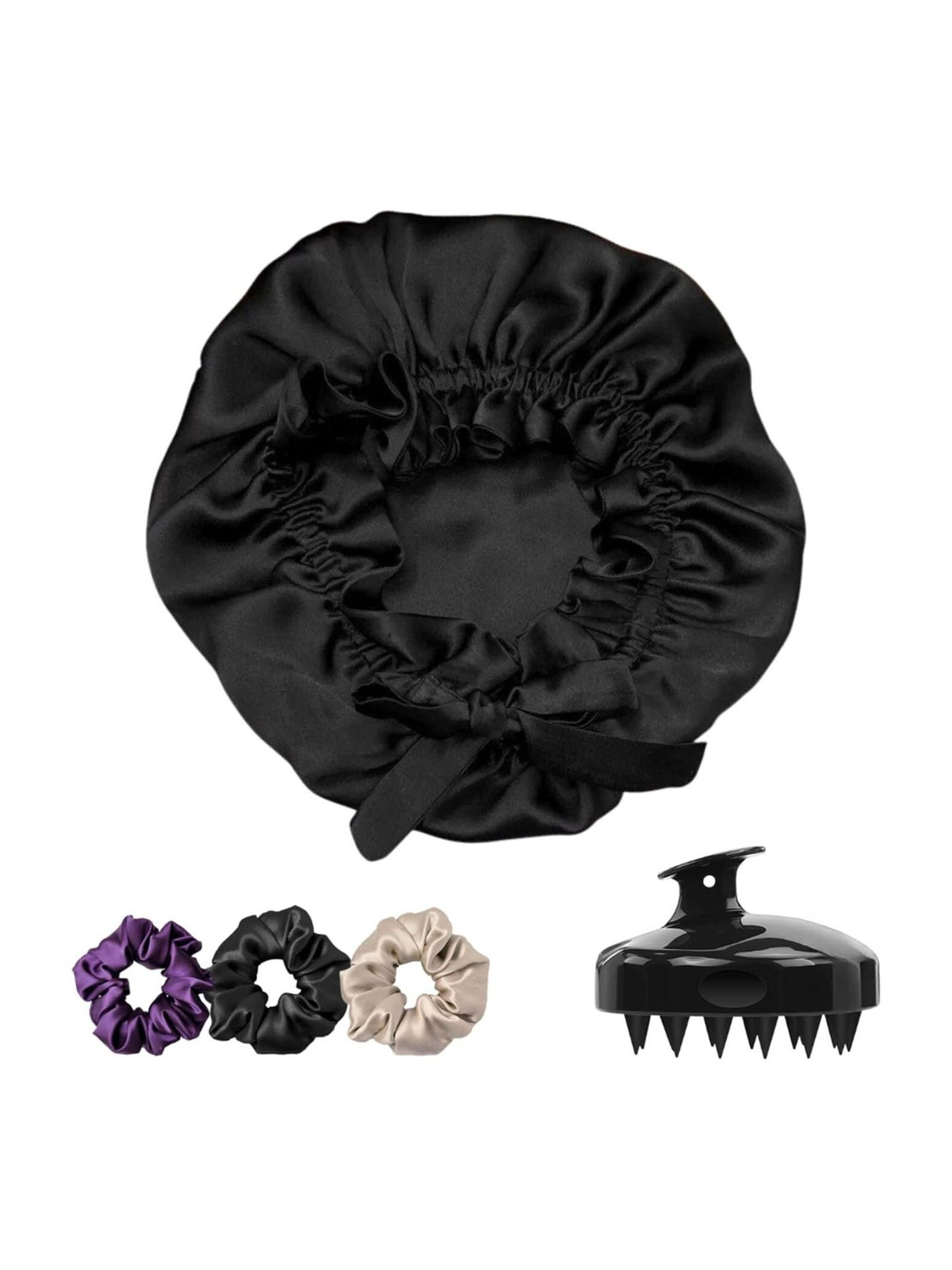 Attune Silk Satin Hair Bonnet with Scalp Massager, Shampoo Brush & Scrunchies