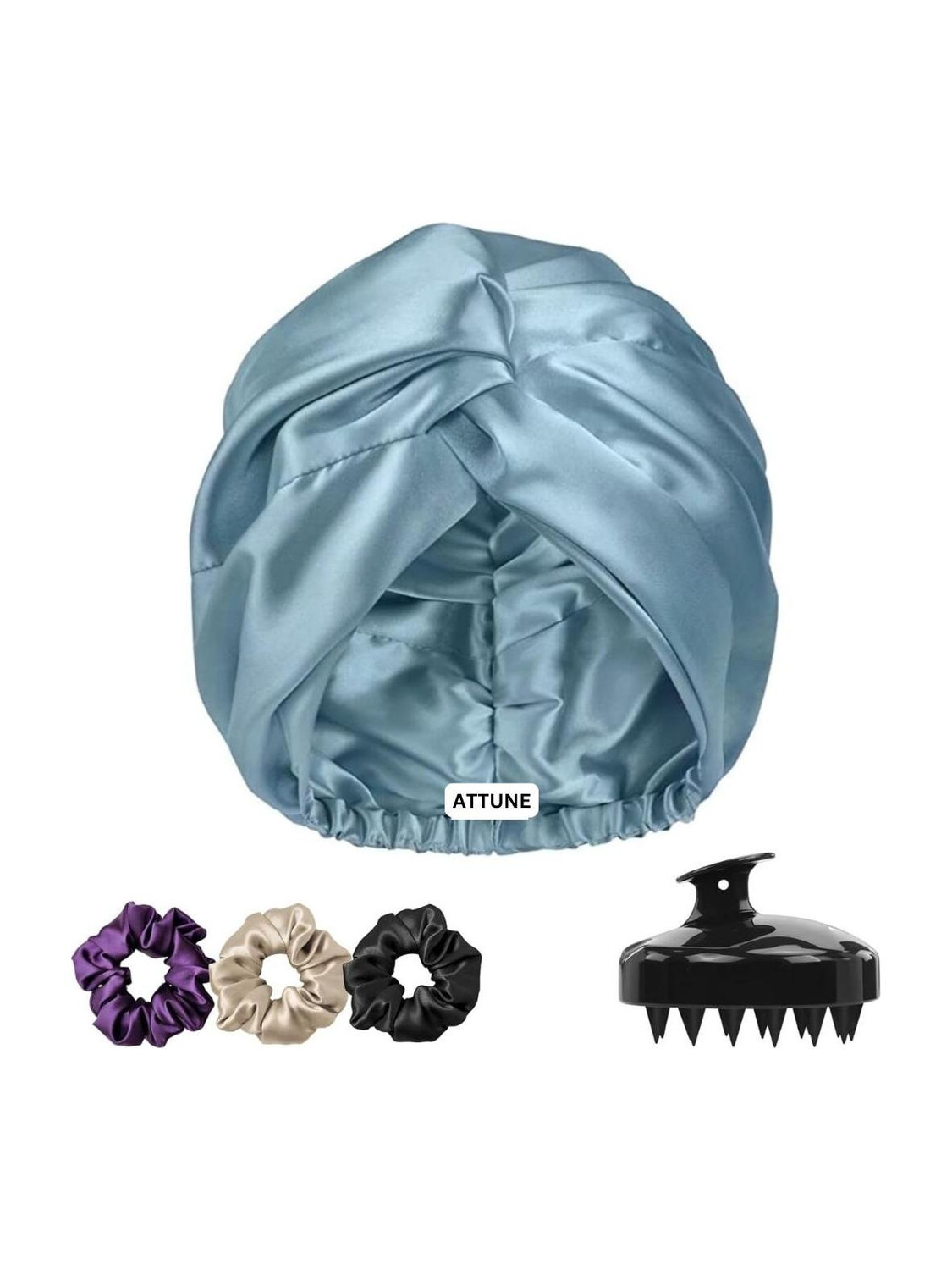 Attune Silk Hair Cap for Sleeping with 3 Satin Scrunchies Adjustable Bonnet & Scalp