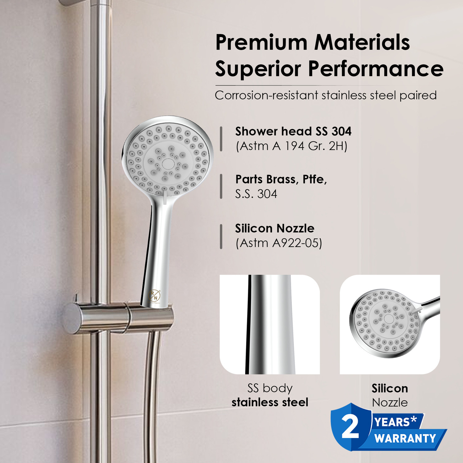 Image of RN Stainless Steel Hand Shower with ABS Silicone Nozzle Shower, 1.5m Hose & Holder Handheld