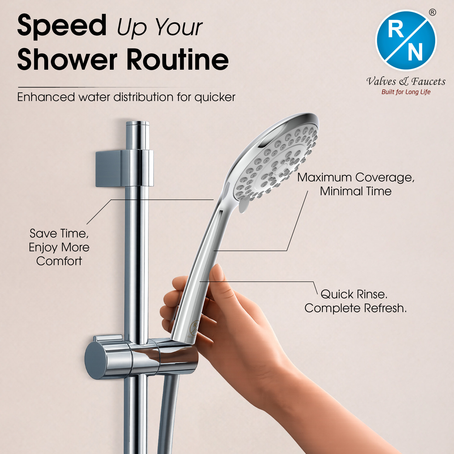 Image of RN Stainless Steel Hand Shower with ABS Silicone Nozzle Shower, 1.5m Hose & Holder Handheld