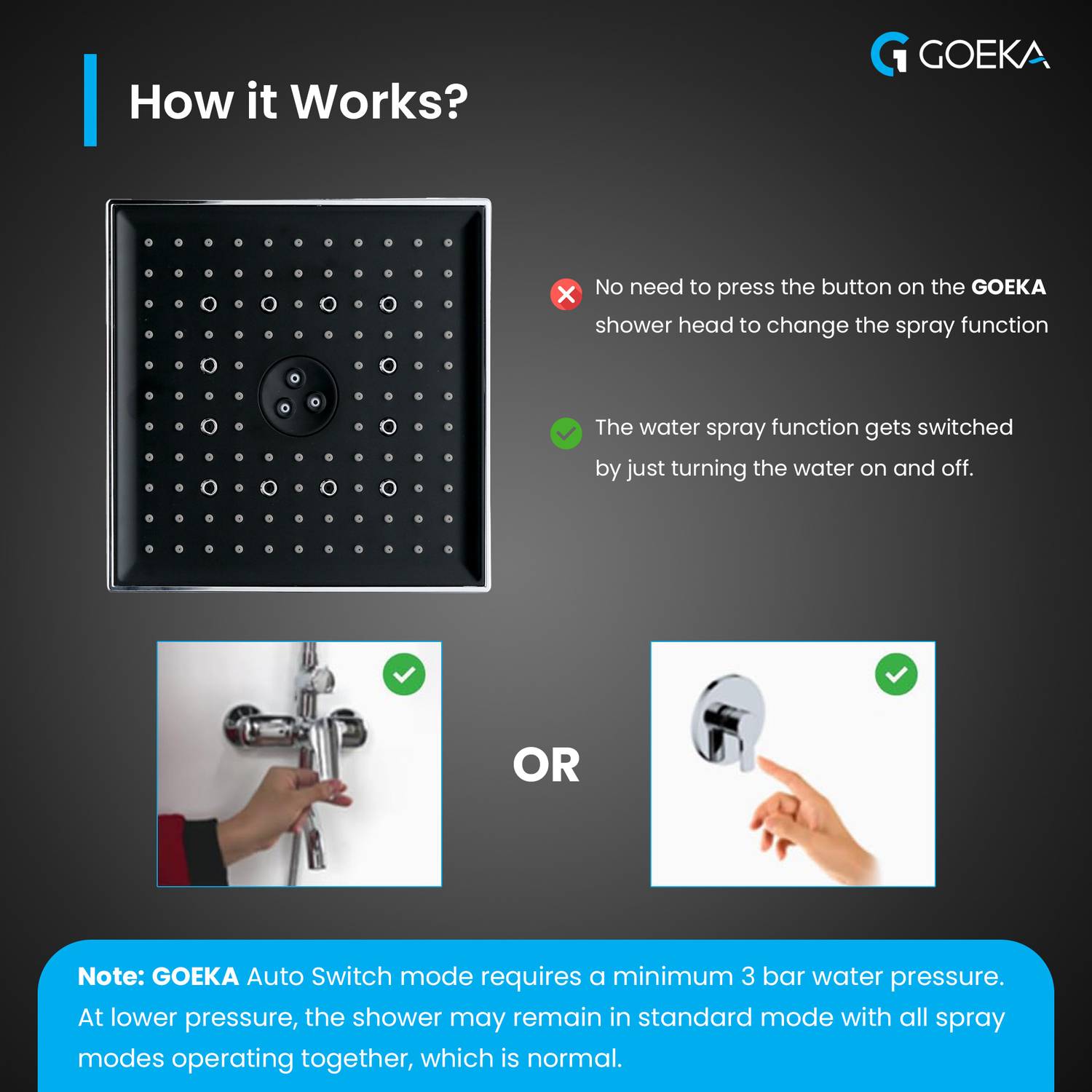 Goeka 8x8 Inch ABS AutoSwitch™ Shower Head - Image 2