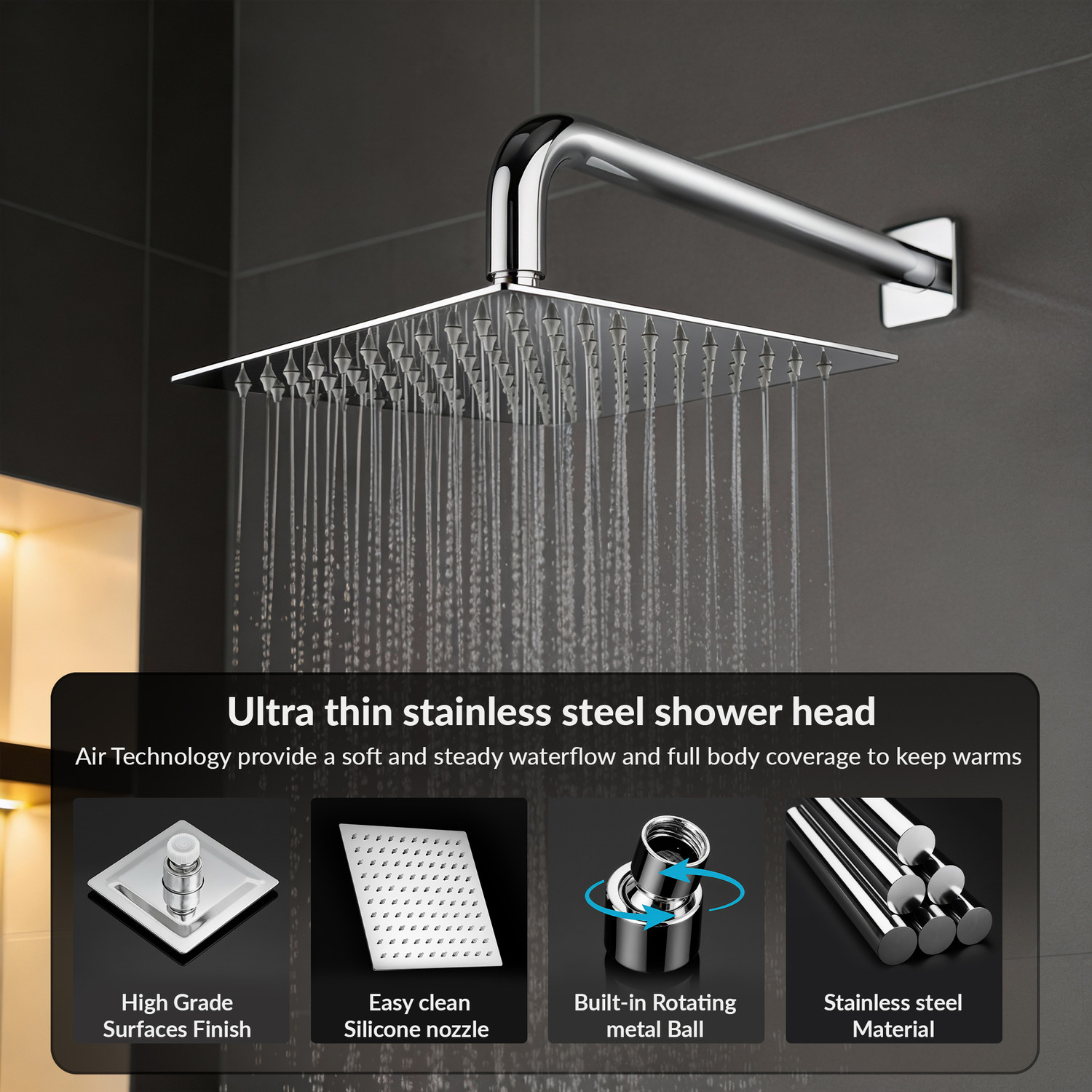 Image of Plantex Stainless Steel Shower Head for Bathroom /Rain Shower Head /Shower-(8x8 In) Fixed Mount