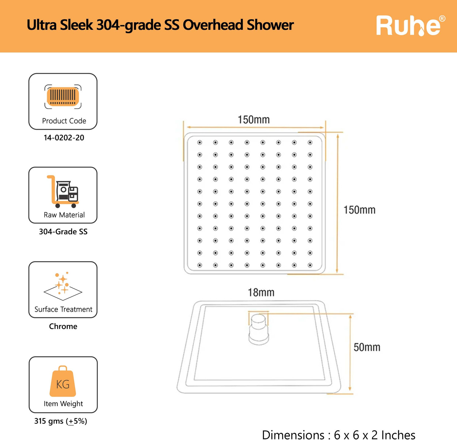 Image of RUHE Stainless Steel 6 Inches Ultra Sleek (Only Showerhead) Shower Head