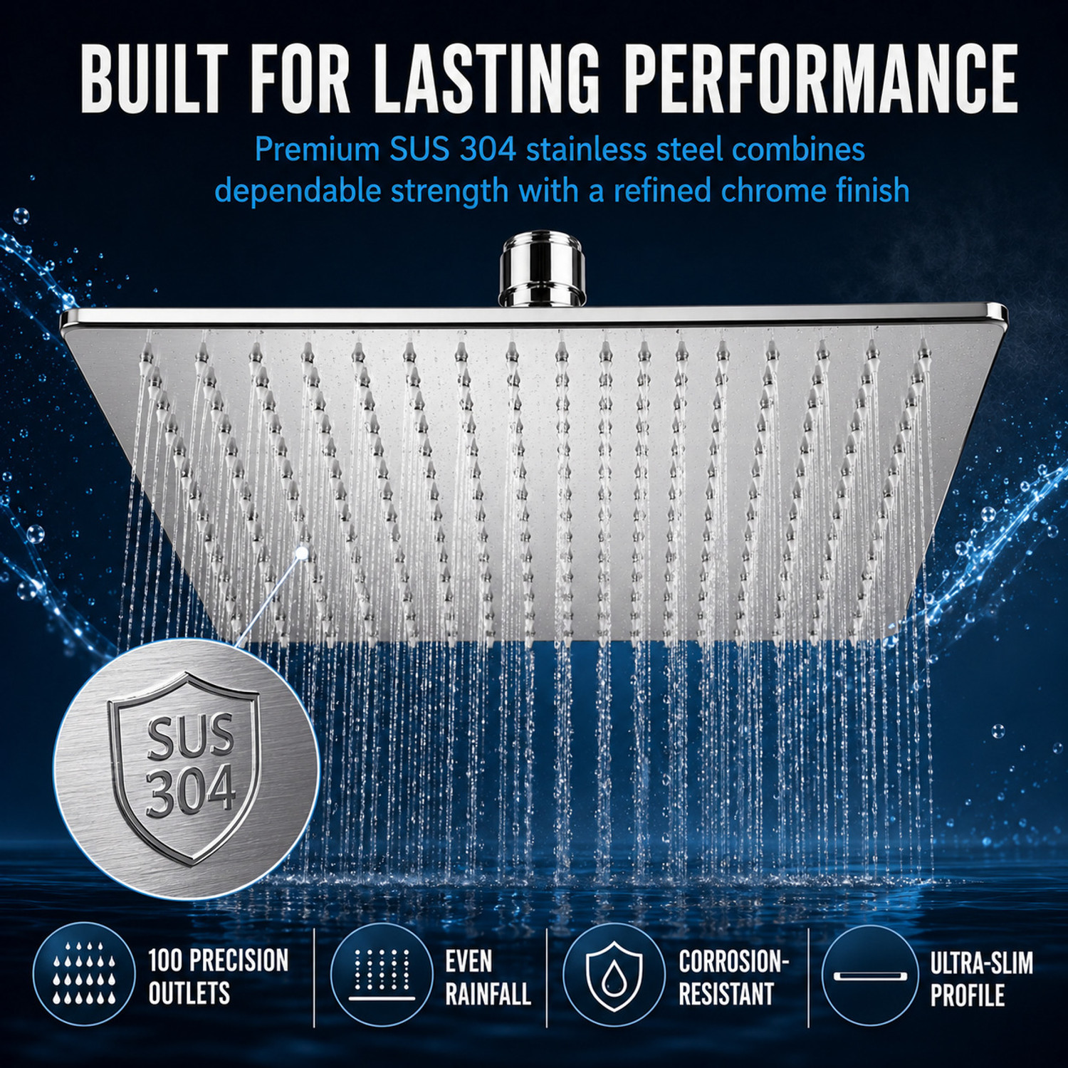 Image of Prestige Stainless Steel (10x10 inch) Ultra Slim Shower Head With 18 inch Arm Fixed Mount