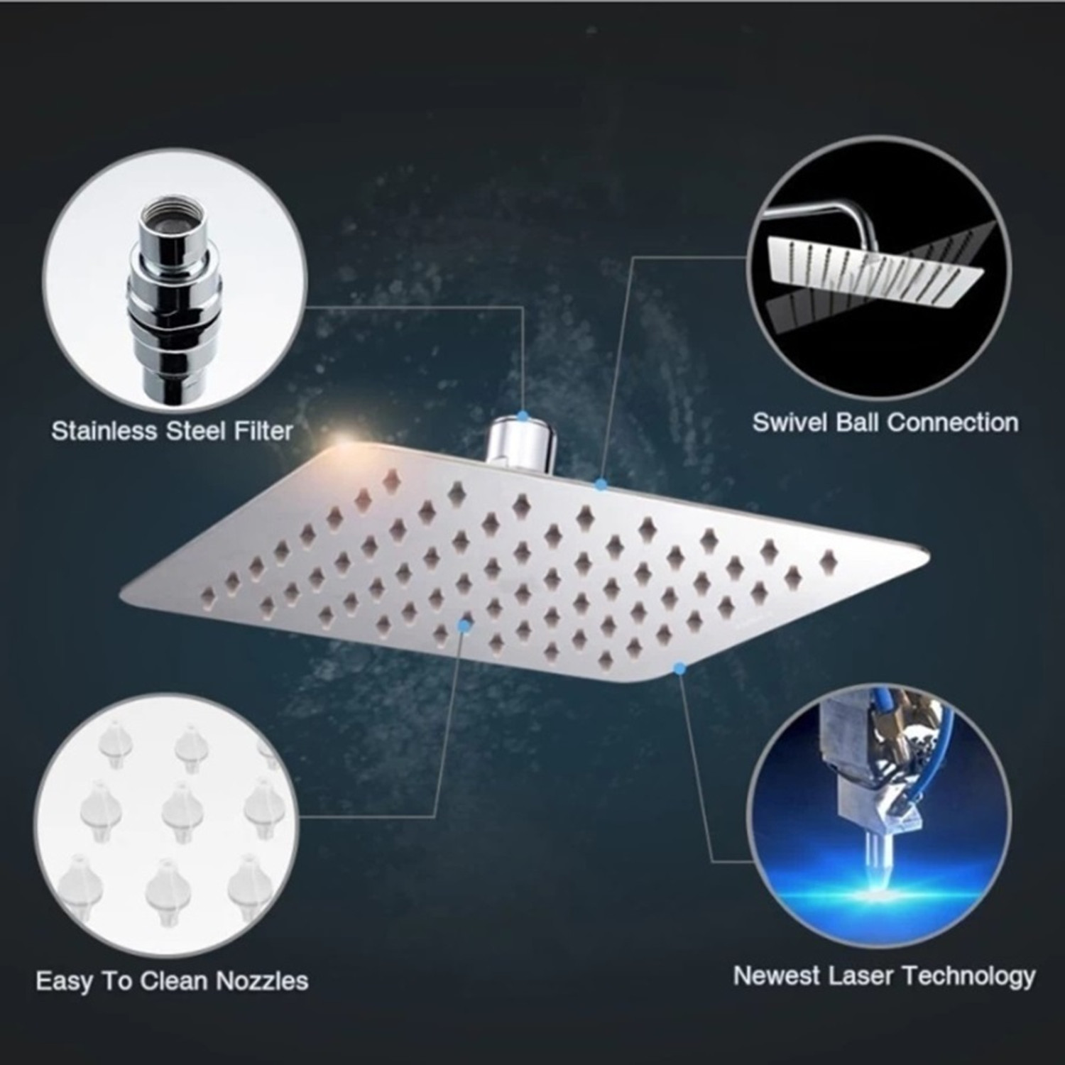 Image of Ramya 12x12 Premium Quality SS Ultra Slim Square Rain Shower Head Without Arm Shower Head