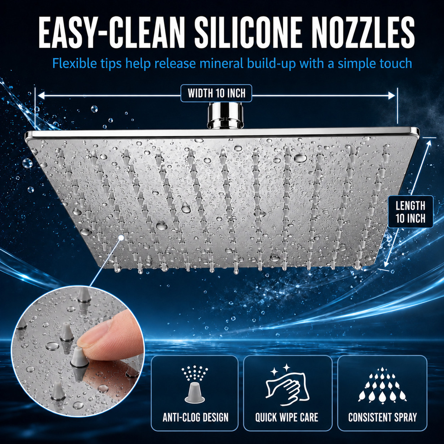 Image of Prestige Stainless Steel (10x10 inch) Ultra Slim Shower Head With 18 inch Arm Fixed Mount