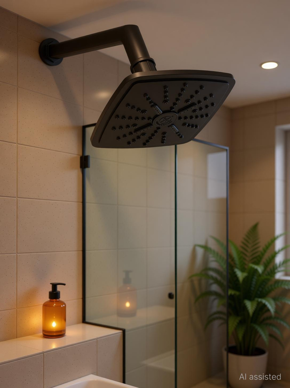 Image of R. N. PTMT Superior Plastic Overhead Shower with 12 inch Arm (Black) | RainFall Shower Head