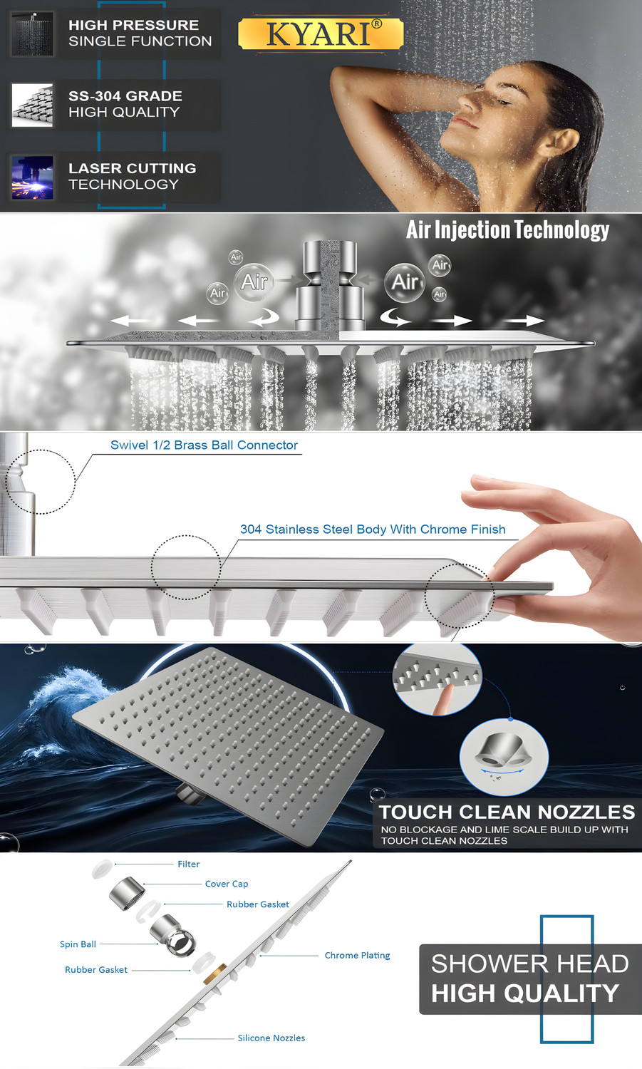 Image of Kyari - 12 X 12 Ultra Slim EXTRA HEAVY Shower Complete set with 24inch Shower Arm S640 Shower Head