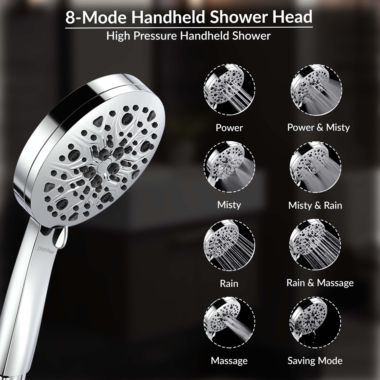 Image of Plantex Hand Shower for Bathroom /5 Inch Round Multi-Function 8 Mode Shower Head Set Shower Head