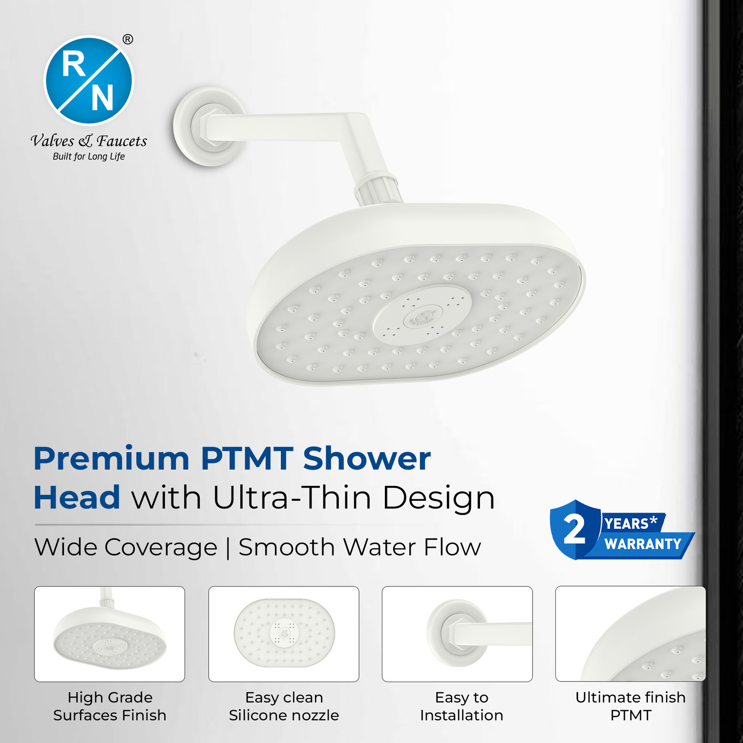 Image of RN PTMT Overhead Shower 8 x 5.5 inch with 12 inch Arm & Flange for Bathroom (White) Shower Head