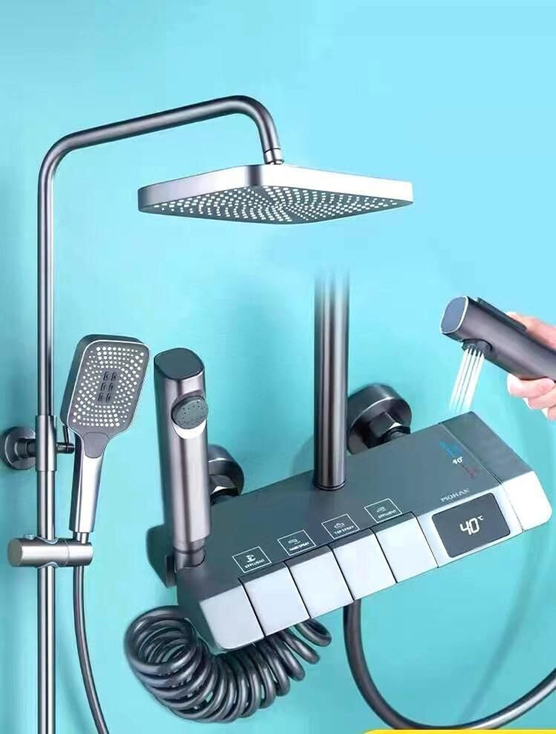 Image of FOURVIEW Luxury 5-Function Digital Shower System Luxury 5-Function Digital Shower System Rainfall Overhead, 3-Mode Hand Shower, Spray Gun & Water Spout