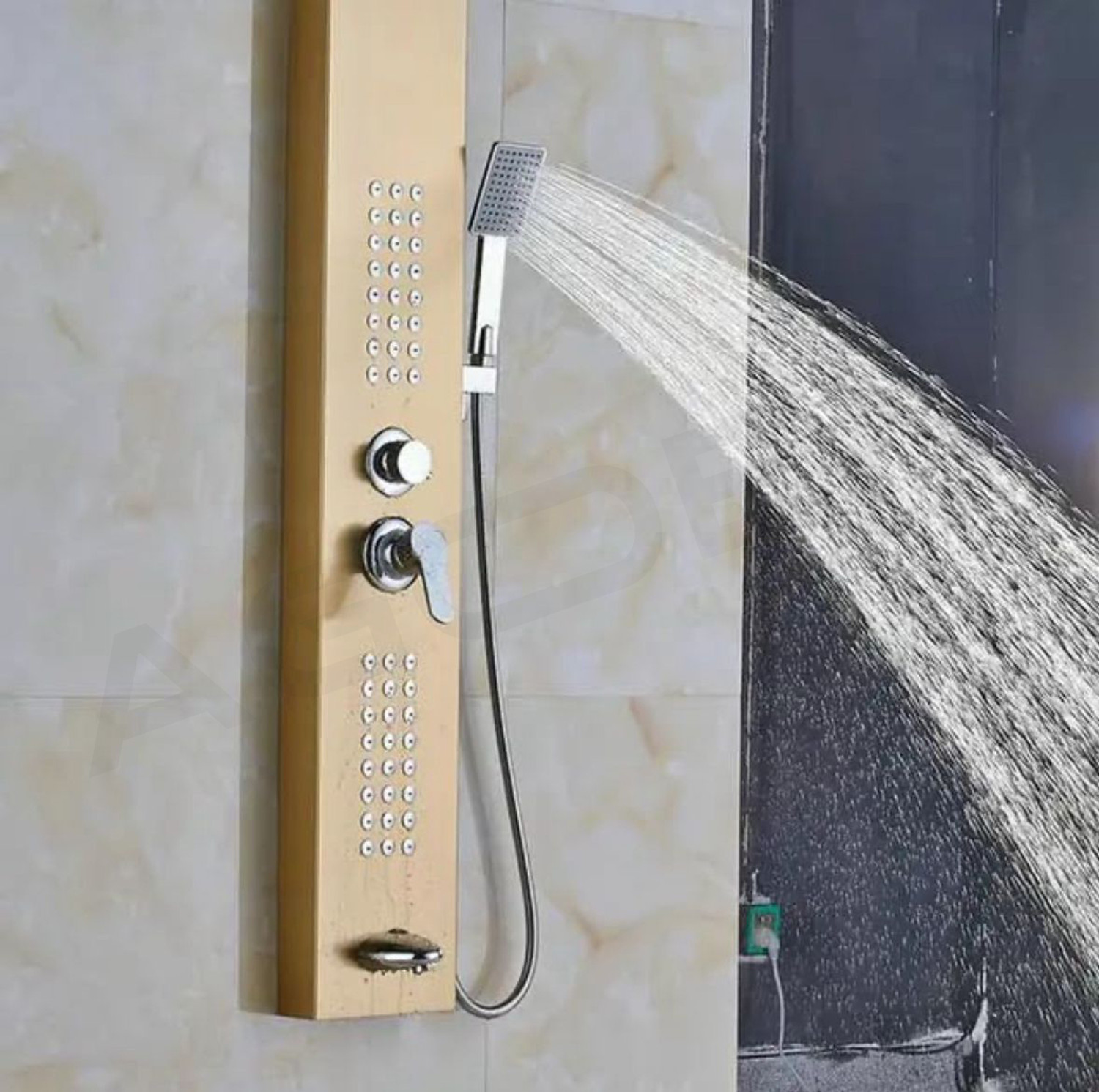 Image of FOURVIEW Thermostatic 5-in-1 Shower Panel Tower Wall-Mounted Spa Shower Panel with Mixer, Body Jets, and Handheld Shower Rainfall & Waterfall Overhead Shower | Multi-Mode Hand Shower Included