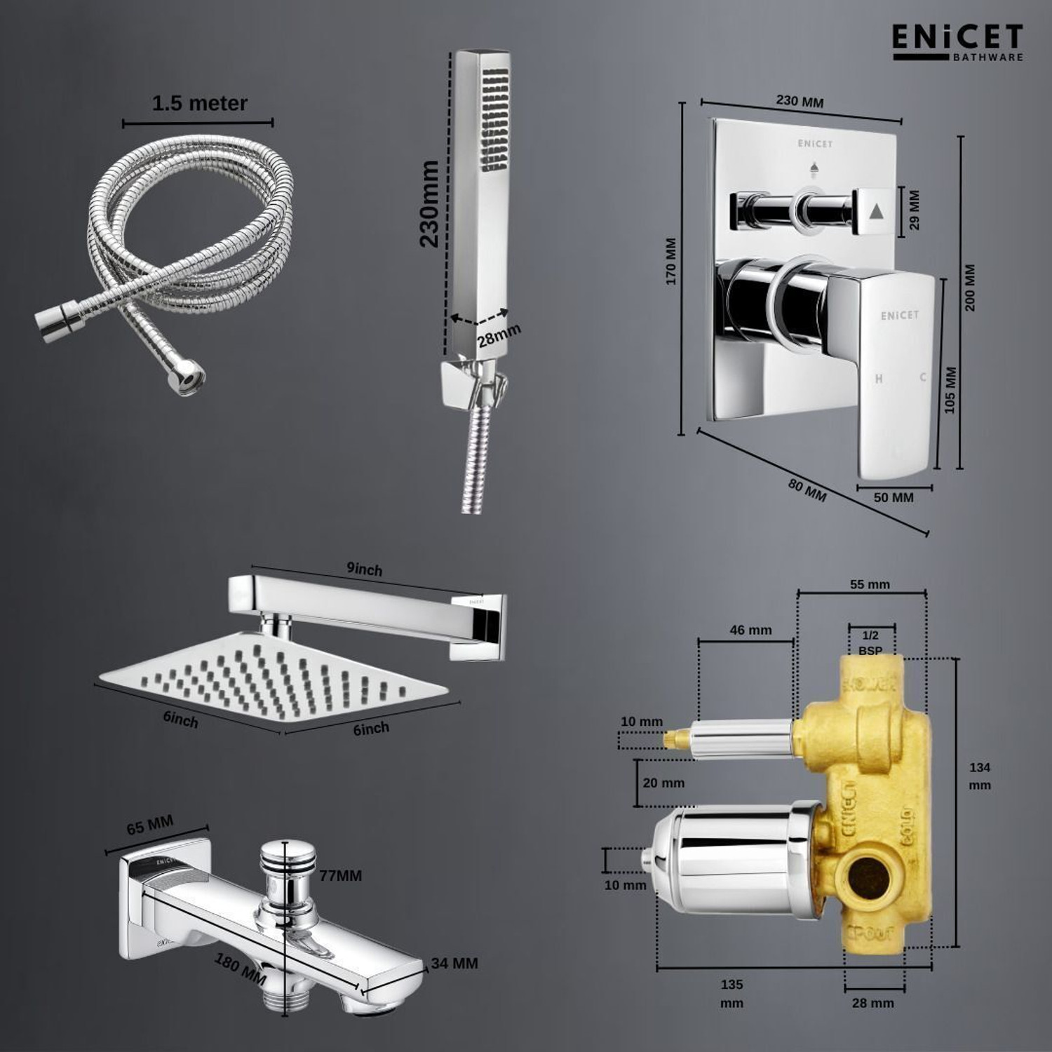 Image of ENICET Brass High Flow Diverter Set With Shower & Hand Shower, Chrome Finish, diverter with spout, shower and handshower rain flow