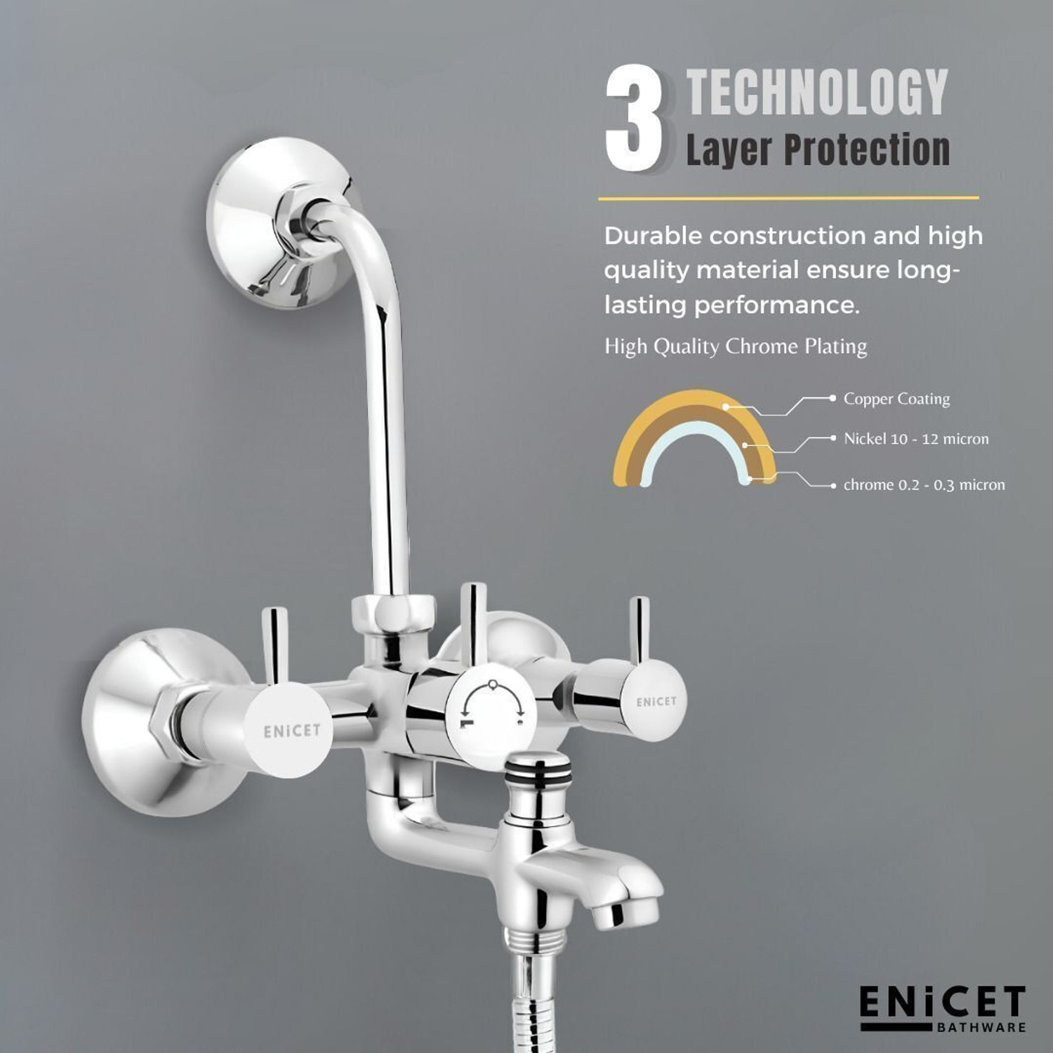 Image of ENICET Brass Wall Mixer With Overhead Shower, 190mm Long Bend Pipe, Chrome Finish, Shower Set, Wall Mixer for Bathroom, Water Mixer Tap for Bathroom Full Set, rain flow