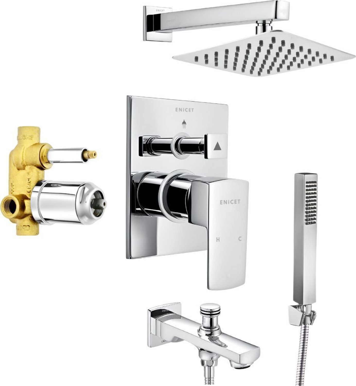 Image of ENICET Brass High Flow Diverter Set With Shower & Hand Shower, Chrome Finish, diverter with spout, shower and handshower rain flow