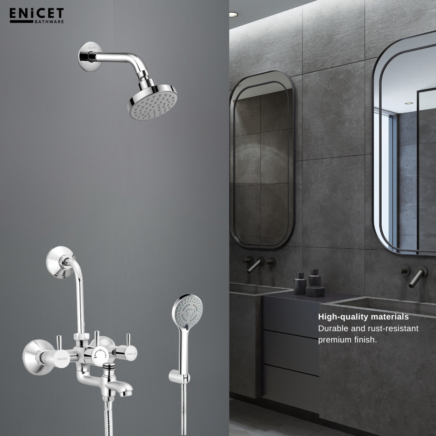 Image of ENICET Brass Wall Mixer With Overhead Shower, 190mm Long Bend Pipe, Chrome Finish, Shower Set, Wall Mixer for Bathroom, Water Mixer Tap for Bathroom Full Set, rain flow