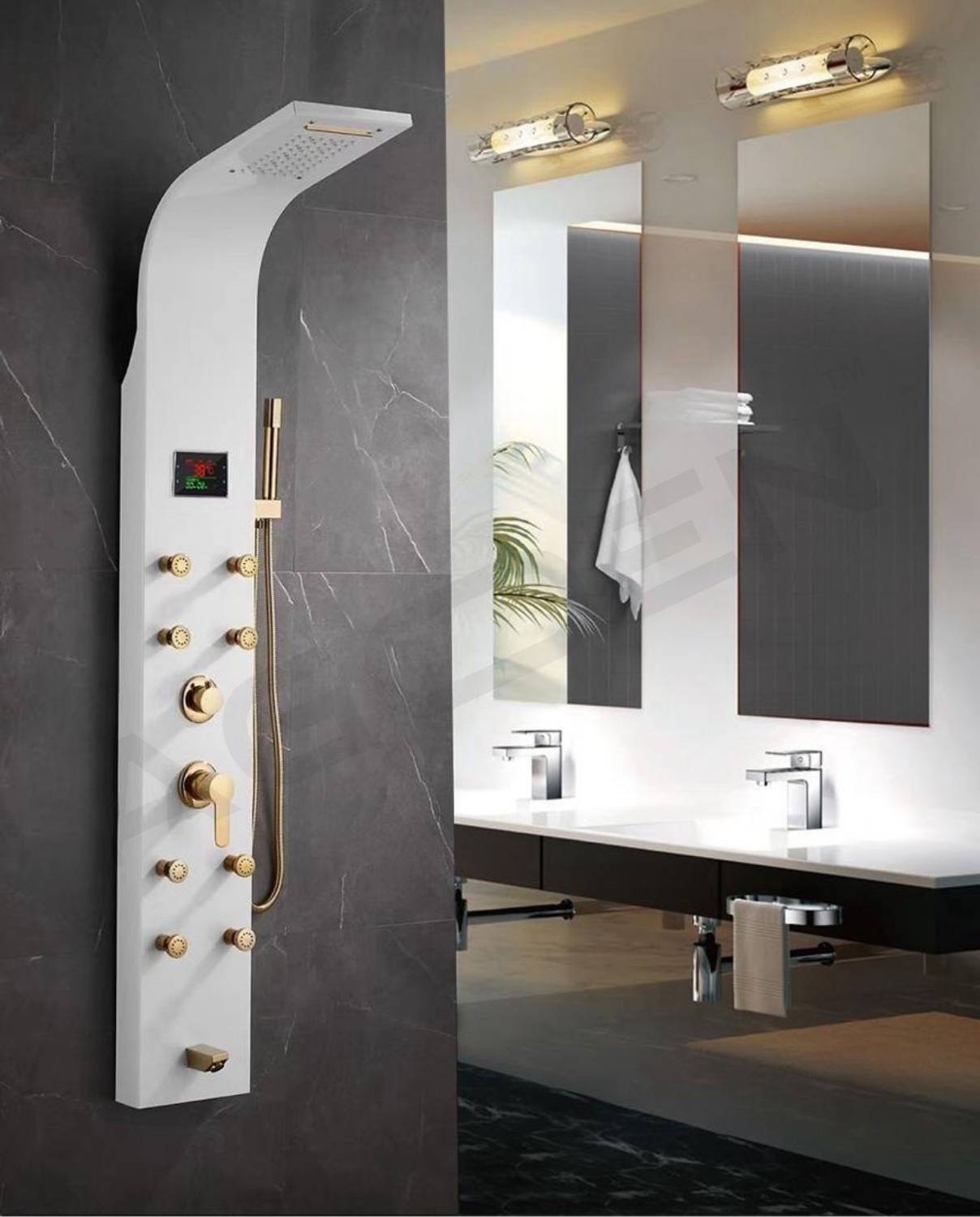 AGOEN Luxury Thermostatic Shower Panel Tower Stainless Steel Wall-Mounted Shower System Rainfall, Waterfall, 8 Body Jets, Hand Shower, Temp Display