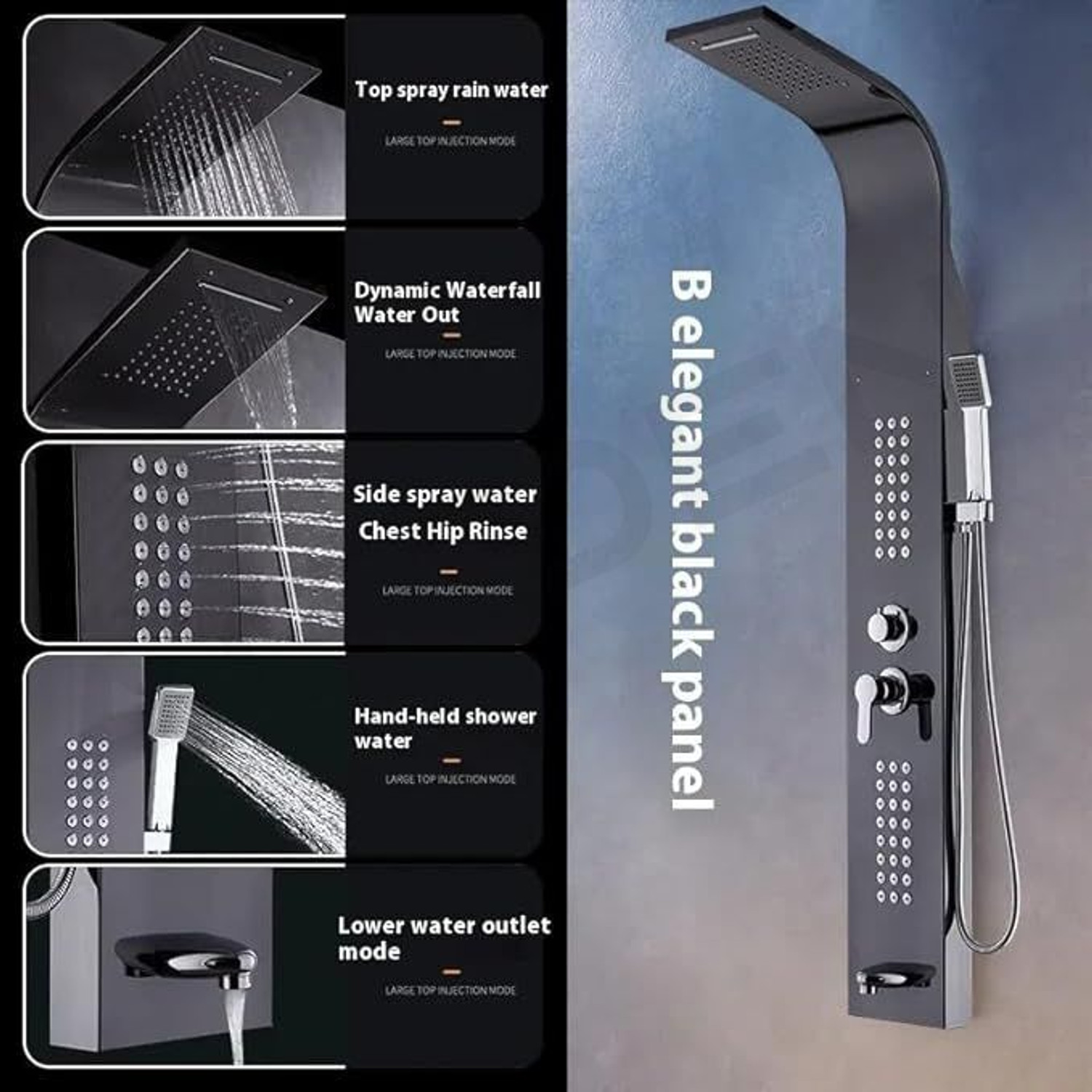 Image of AGOEN Black Thermostatic 5-in-1 Shower Panel Tower Wall Mounted Shower Panel with Mixer, Massage Jets & Handheld Shower Rainfall & Waterfall Overhead Shower | Multi-Mode Hand Shower Included