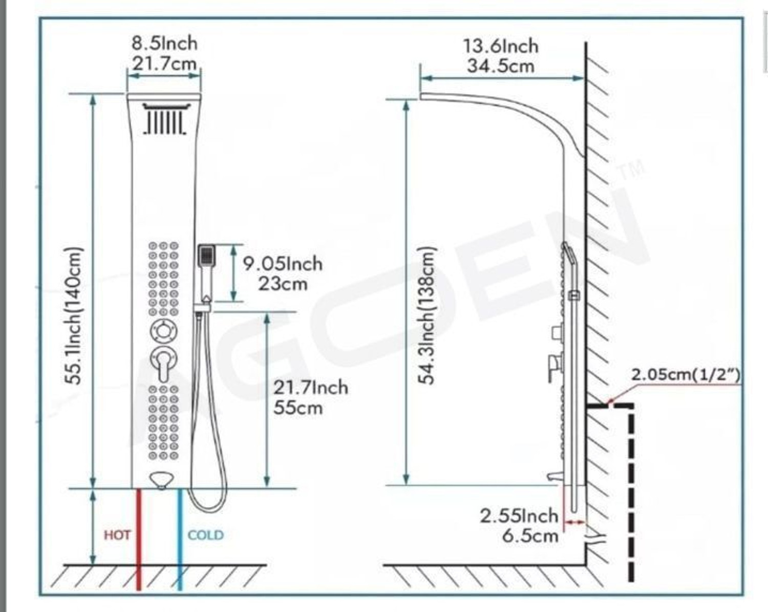 Image of AGOEN Black Thermostatic 5-in-1 Shower Panel Tower Wall Mounted Shower Panel with Mixer, Massage Jets & Handheld Shower Rainfall & Waterfall Overhead Shower | Multi-Mode Hand Shower Included
