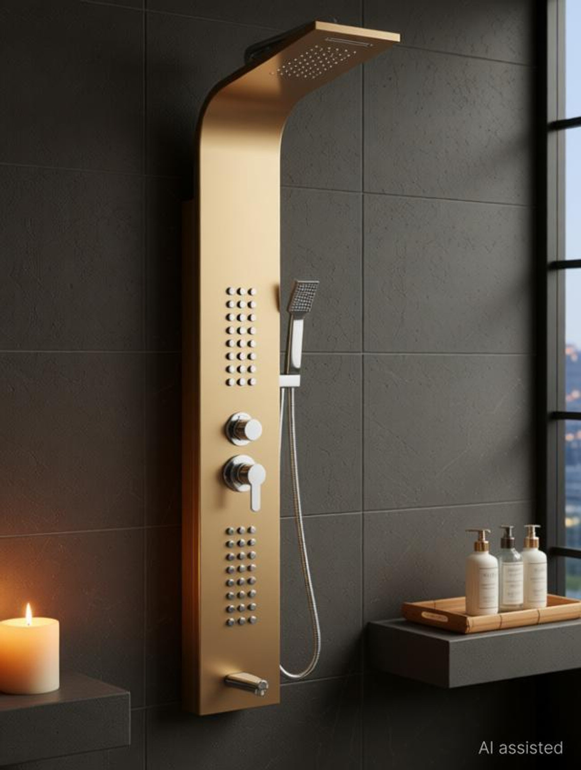 Image of FOURVIEW Thermostatic 5-in-1 Shower Panel Tower Wall-Mounted Spa Shower Panel with Mixer, Body Jets, and Handheld Shower Rainfall & Waterfall Overhead Shower | Multi-Mode Hand Shower Included