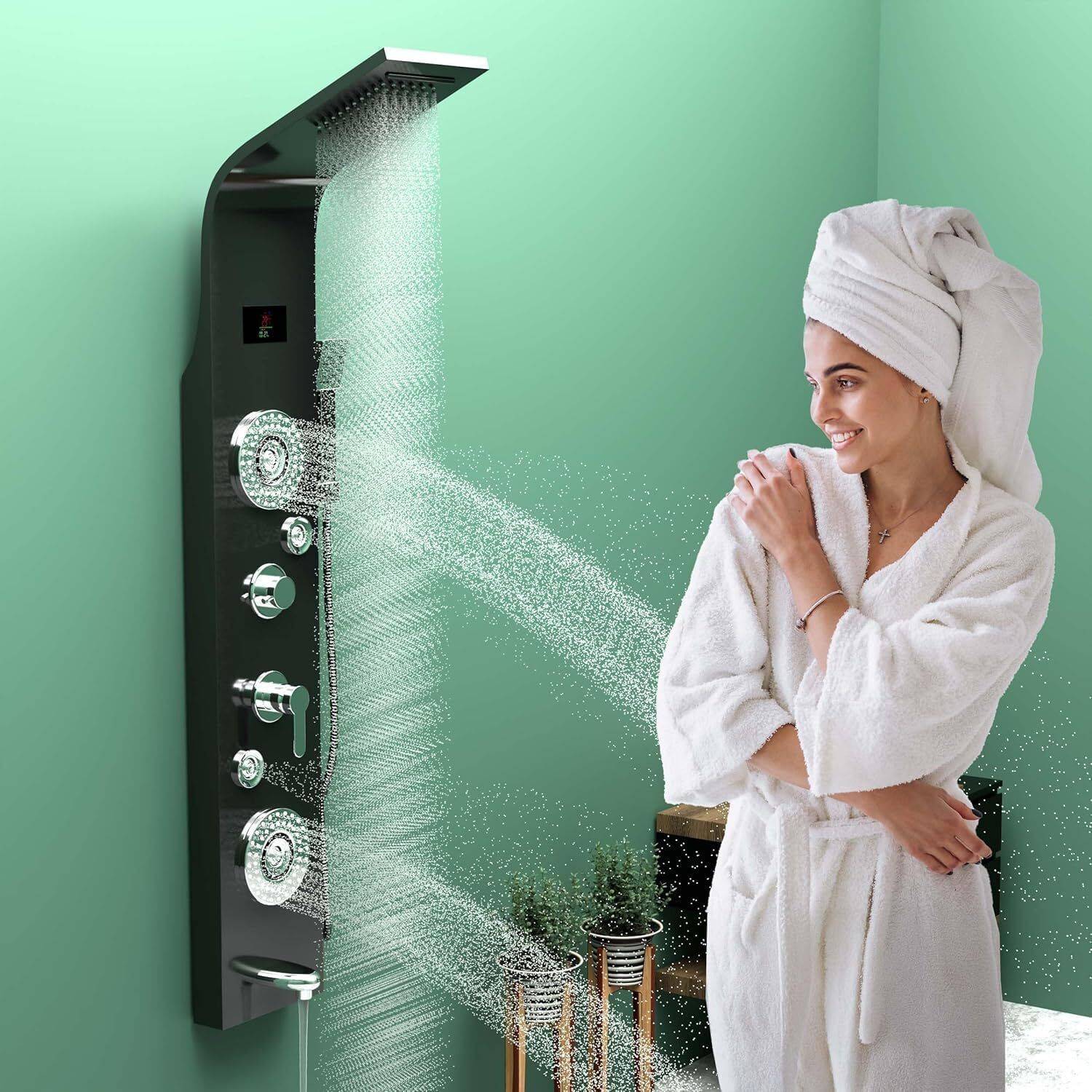 AGOEN 5-in-1 LED Thermostatic Shower Panel with Body Jets & Hand Shower 5-in-1 LED Thermostatic Shower Panel Rainfall | Waterfall | Body Massage | Handheld | Temperature Display
