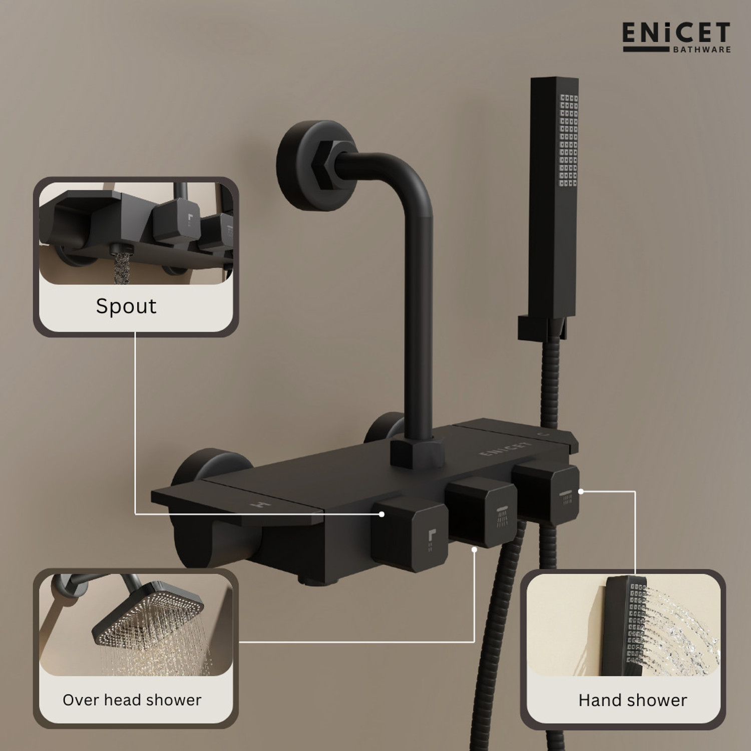 Image of ENICET 3 in 1 Wall Mixer for Bathroom with Overhead & Hand Shower, Heavy Metal Build, 190mm L Bend Provision, Hot & Cold Mixer Tap, Wall Mixer for bathroom,
