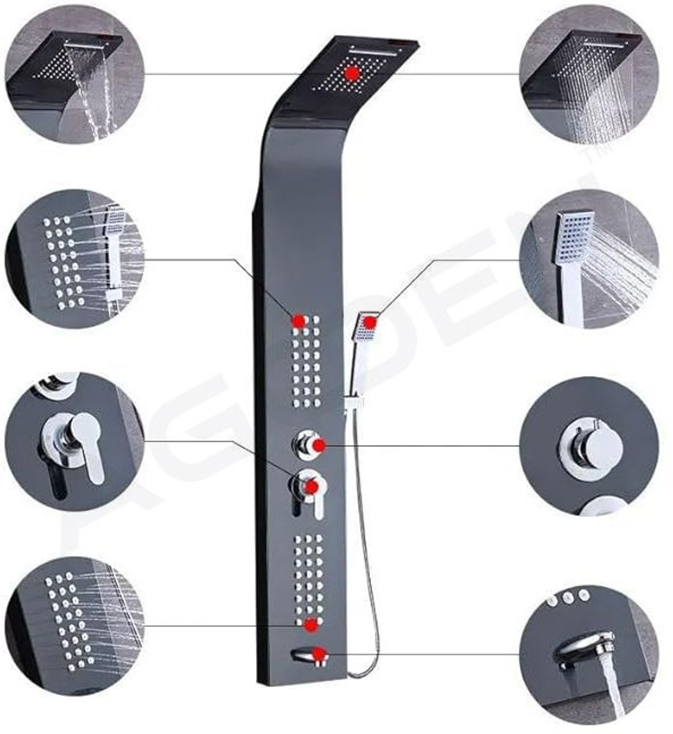 Image of AGOEN Black Thermostatic 5-in-1 Shower Panel Tower Wall Mounted Shower Panel with Mixer, Massage Jets & Handheld Shower Rainfall & Waterfall Overhead Shower | Multi-Mode Hand Shower Included