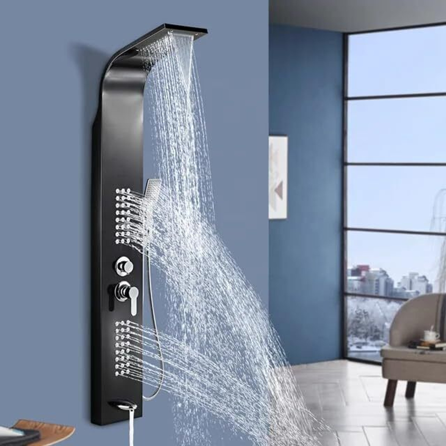 Image of AGOEN Black Thermostatic 5-in-1 Shower Panel Tower Wall Mounted Shower Panel with Mixer, Massage Jets & Handheld Shower Rainfall & Waterfall Overhead Shower | Multi-Mode Hand Shower Included