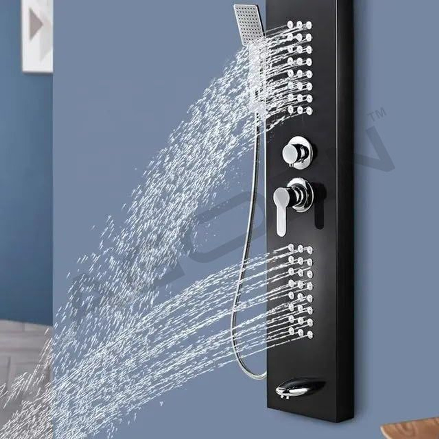 Image of AGOEN Black Thermostatic 5-in-1 Shower Panel Tower Wall Mounted Shower Panel with Mixer, Massage Jets & Handheld Shower Rainfall & Waterfall Overhead Shower | Multi-Mode Hand Shower Included