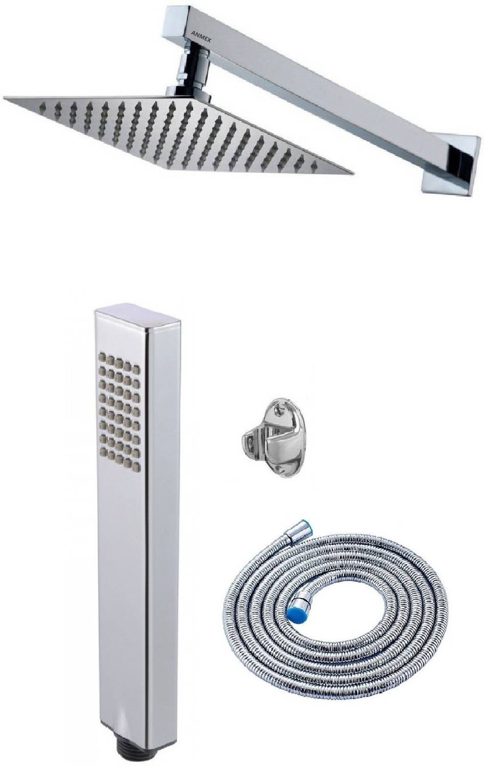 ANMEX 12x12 (12inch) Ultra Slim Rain Shower Head with 24inch Arm 	Plus Arctic Hand Rain Shower with 1.5mtr SS Tube and Wall Hook
