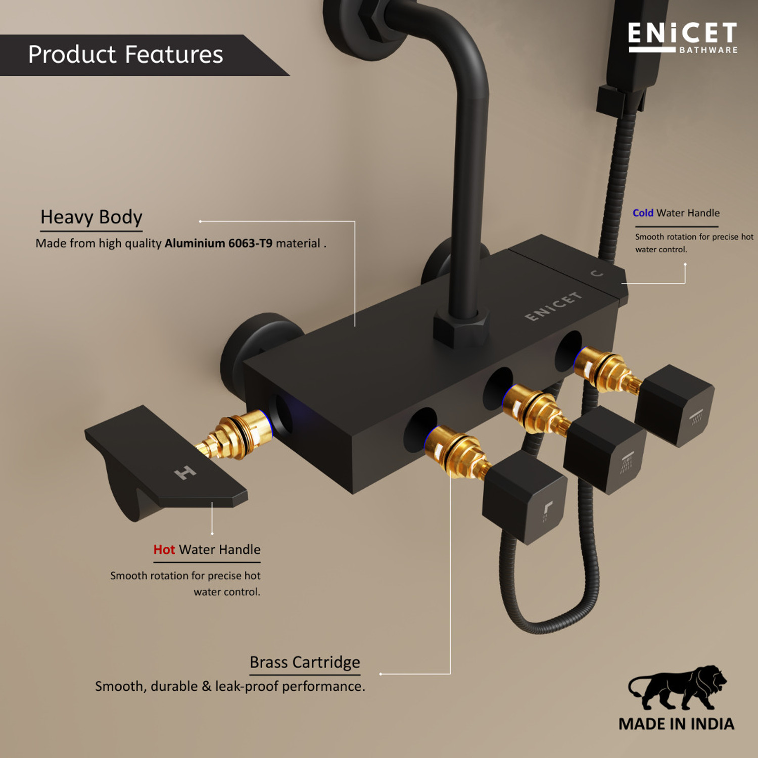Image of ENICET 3 in 1 Wall Mixer for Bathroom with Overhead & Hand Shower, Heavy Metal Build, 190mm L Bend Provision, Hot & Cold Mixer Tap, Wall Mixer for bathroom,